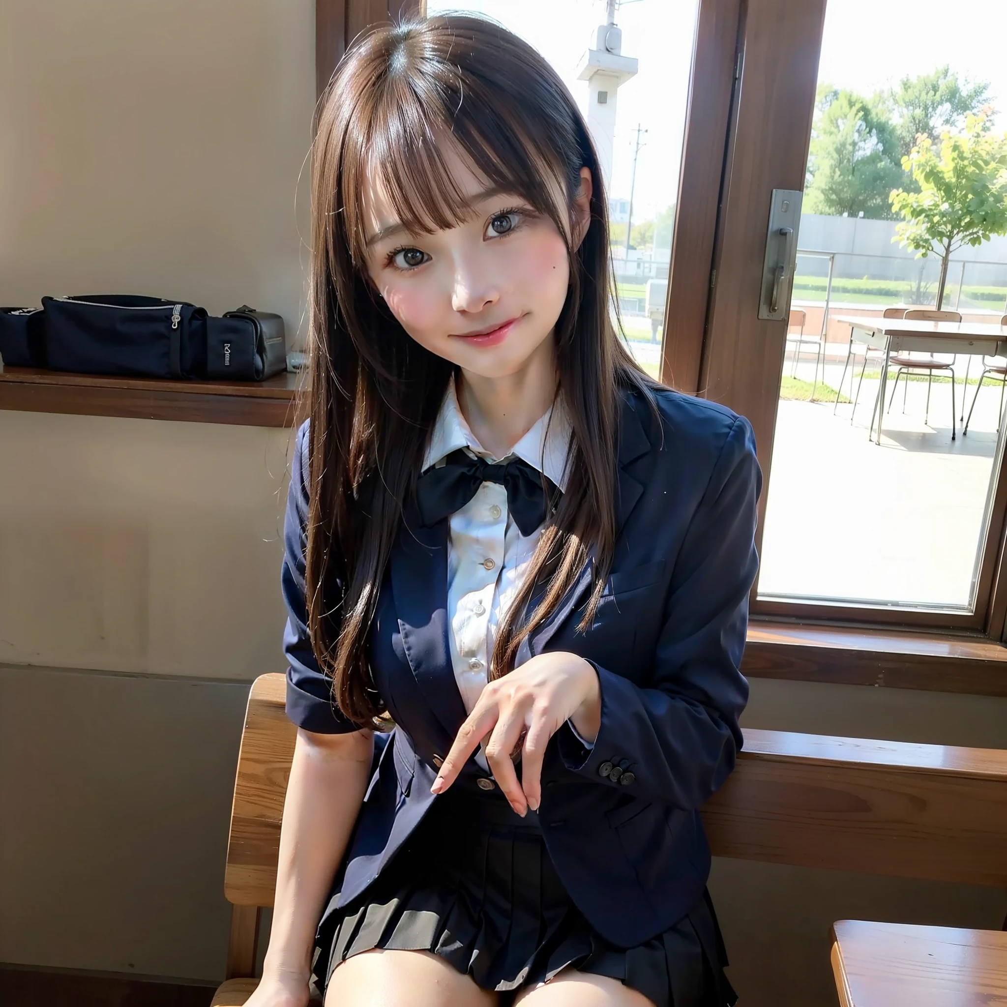 1 girl, best quality, facial focus, soft light, (depth of field), ultra high res, (photorealistic: 1.4), RAW photo, (upper knees: 1.4), (side) 1Japanese girl, solo, handsome, (shy, smile: 1.1), (brown eyes), detailed beautiful face, (long hair), High school classroom, (seated chair), (school uniform: 1.4, navy skirt, navy Blazer)