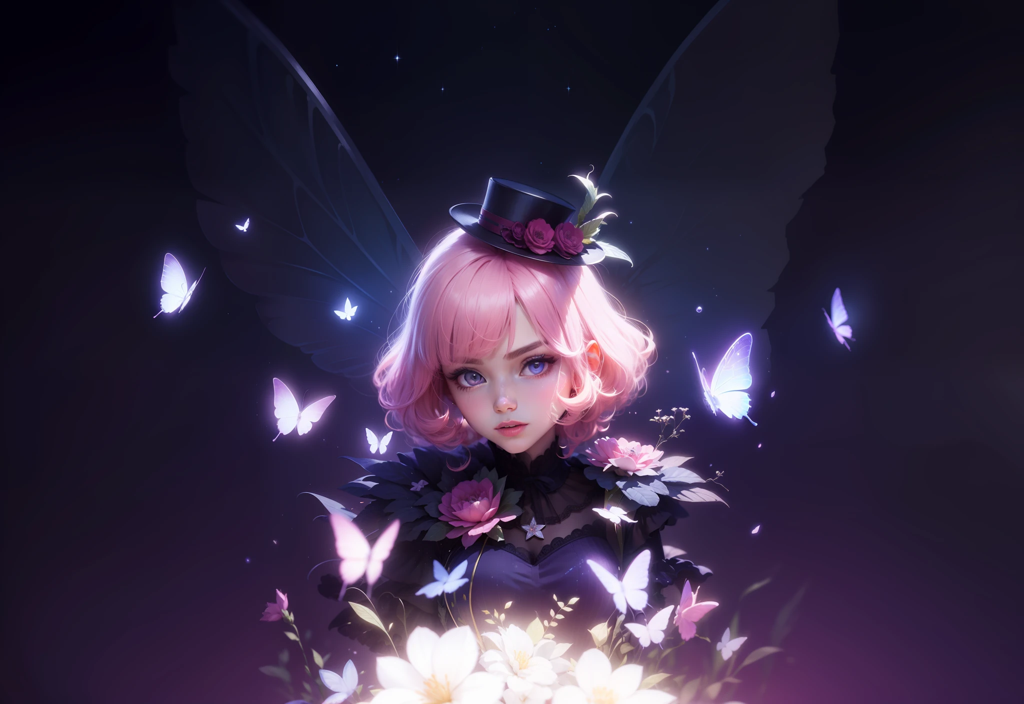 High-quality and exquisite depiction, 4K picture quality masterpiece, gorgeous light and shadow creation, diffuse aura and hazy sense, messy hairstyle display, gorgeous scenes are beautiful, exquisite and elegant clothing, pink hair jumping dreamy, charming and detailed pupils, dynamic angles, exciting pink hair, full body delicate light effect charming, off-the-shoulder ta skirt, transparent four-winged butterfly wings, pink beautiful eyes, and stars behind it --auto