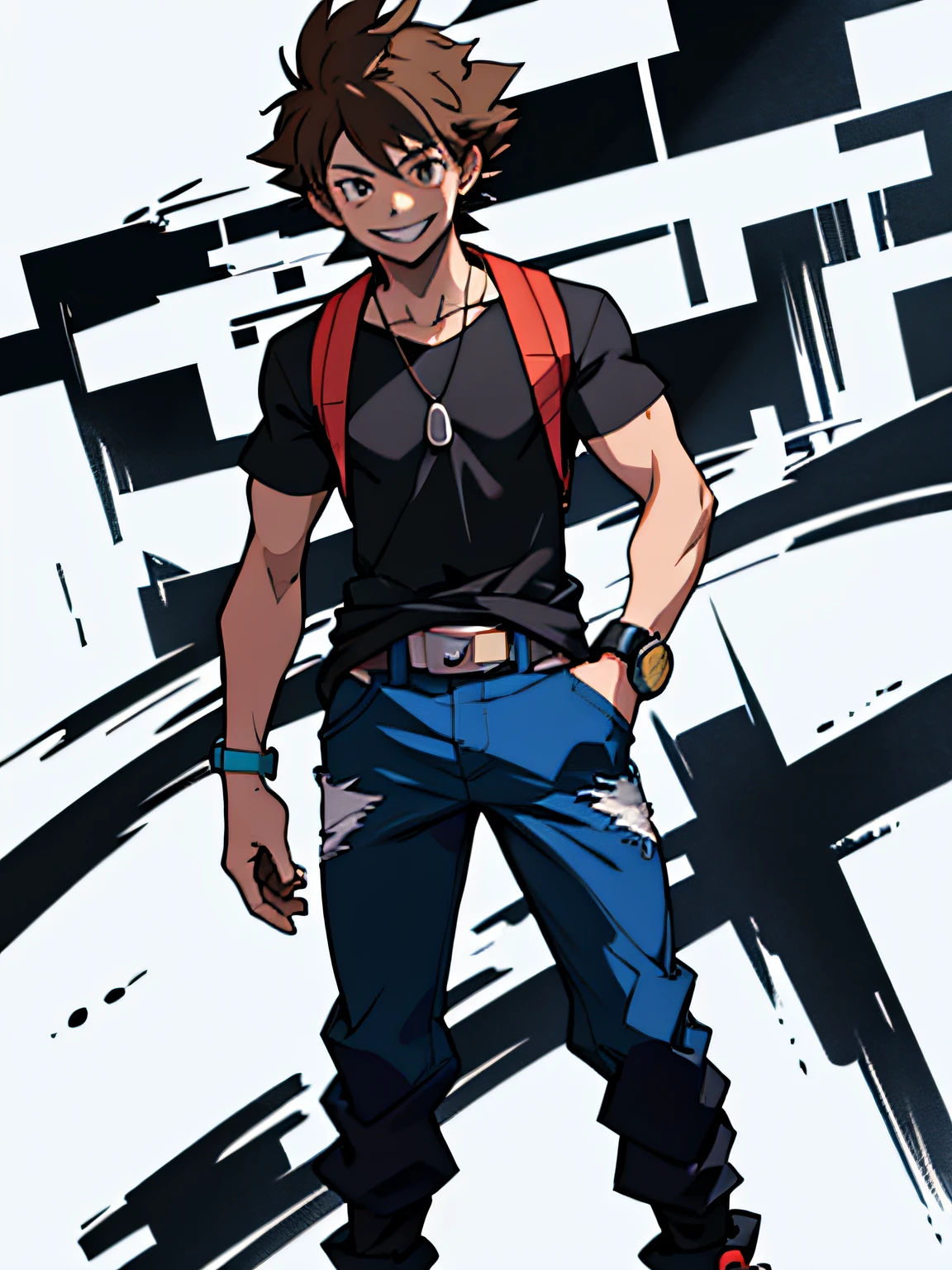 Adult male, short brown hair, brown eyes, (detailed face), (detailed eyes) black shirt with blue details, black pants, style a pokemon trainer, full body, smiling, anime style, thin, white background, 1 boy