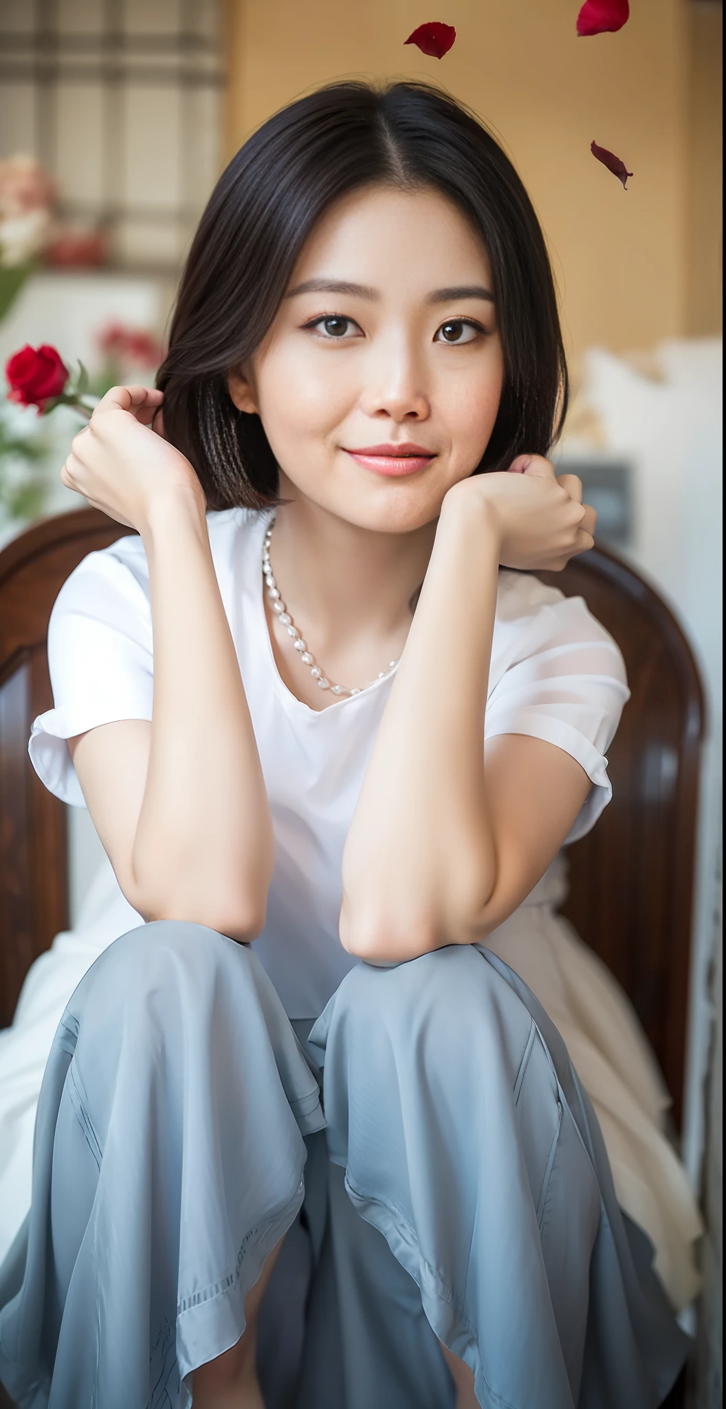 Best quality, masterpiece, super high resolution, (realistic: 1.4), original photo, edited photography, fantasy art, smile
(A woman in her 30s), a woman standing on the path of Graden, (half: 1.3), black hair, short hair, sympathetic face, brown eyes. A faint smile, looking at the audience, (red suit: 1.2), (white shirt), black silk dress, (colorful and dense flower clusters: 1.3). (bright flower color: 1.3, red rose: 1.2, floating skaura_petals) smoke, real-world location, deep contrast, depth of field, dark background, break award-winning photograph, neoism, exposure blend, bokeh, (hdr:1.4), high contrast, (cinematic light), (muted colors),sony A7,F2.4, low saturation, (hyperdetailed:1.2), (noir:0.4)