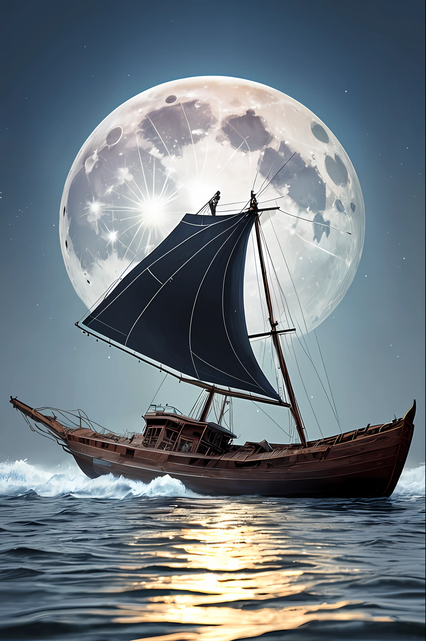 (Painting: 1.3) from (Detailed illustration: 1.3) A (full body: 1.3) shot in 8k resolution, splash art, fantastic style of comics, photorealistic, intense visual, anatomical photorealistic digital painting portrait of a (man: 1.3) human (sailor: 1.3) in blue and white (navy uniform: 1.3) in one (full moon night in a shipwreck: 1.3), light particle,  Details on the broken boat (old ring style: 1.3), (Warhammer style:1.1), conceptual artist, global lighting, depth of field, splash art, art by Albert de Souza