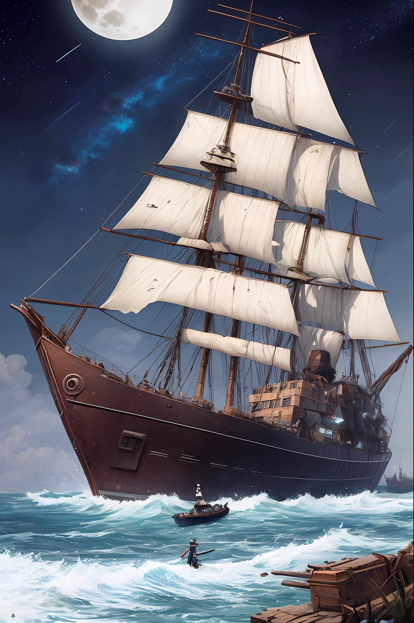 (Painting: 1.3) from (Detailed illustration: 1.3) A (full body: 1.3) shot in 8k resolution, splash art, fantastic style of comics, photorealistic, intense visual, anatomical photorealistic digital painting portrait of a (man: 1.3) human (sailor: 1.3) in blue and white (navy uniform: 1.3) in one (full moon night in a shipwreck: 1.3), light particle,  Details on the broken boat (old ring style: 1.3), (Warhammer style:1.1), conceptual artist, global lighting, depth of field, splash art, art by Albert de Souza