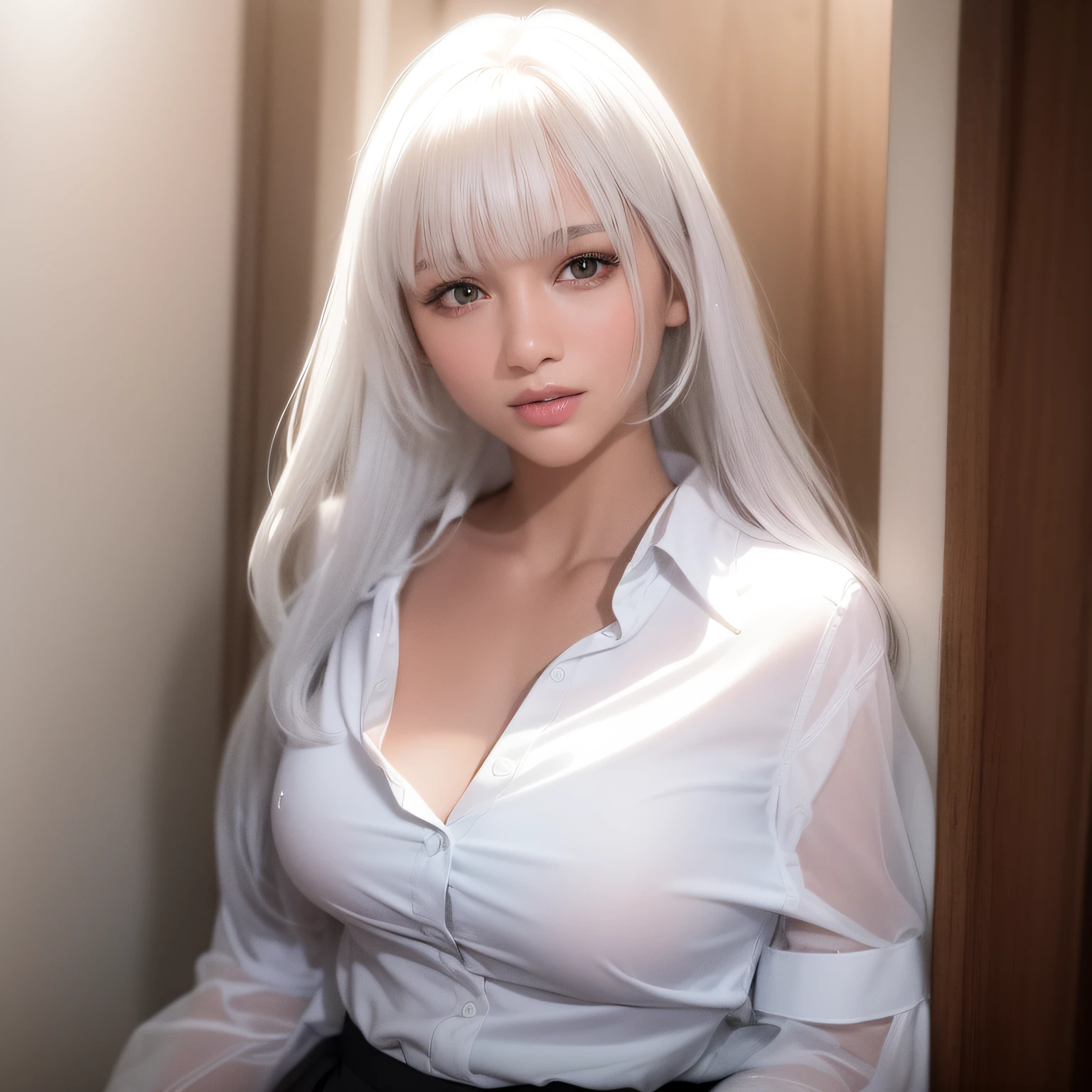 african woman in white shirt and black skirt, wearing white shirt, wearing shirt, smooth translucent white skin, beautiful model, wearing white shirt, beautiful young african woman, open shirt, wearing shirt, in white clothes, fine white shirt, leaking out of chest, shot with canon 5d MK4, smooth white tight suit suit, seductive --auto