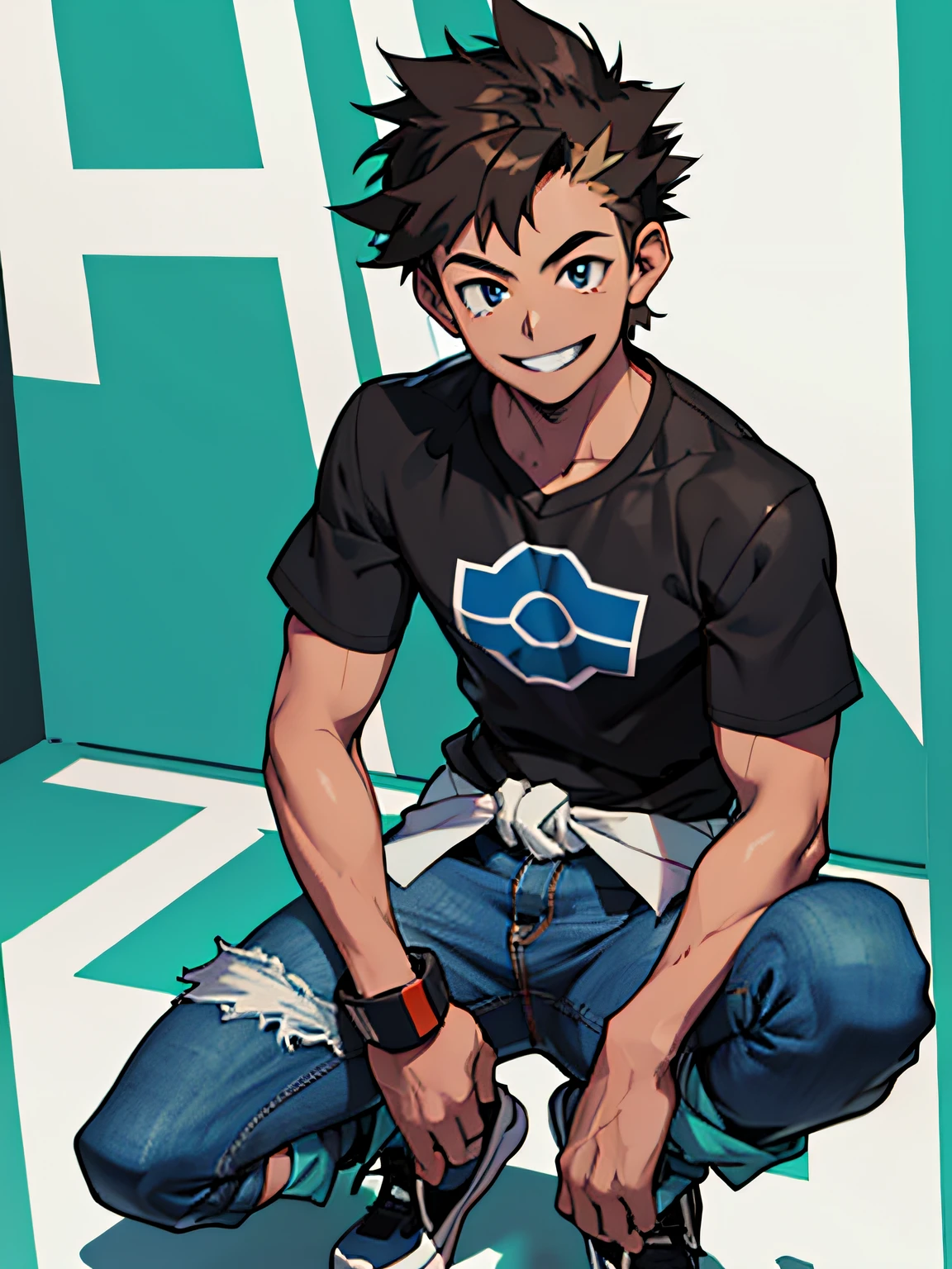 Adult male, short brown hair, black shirt with blue details, black jeans, style a pokemon trainer, full body, smiling, anime style, thin, no background, 1 boy