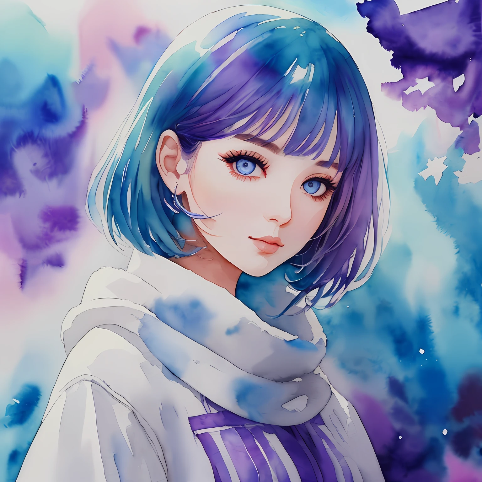 (Best Quality), (Masterpiece: 1.2), (Colorful: 0.9), (Ink Splash), (Color Splash), ((Watercolor)), Sharp Focus, (Portrait Summer Goddess: 1.5), Cute Look, Elegant Blue-Violet Haircut, Beautiful Detailed Face and Eyes, Elegant Winter Clothes, Winter Ice Background, Colored Water