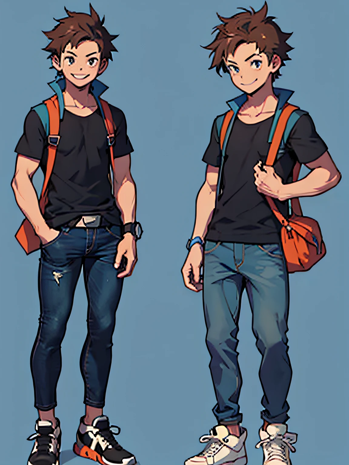Adult male, short brown hair, black shirt with blue details, black jeans, style a pokemon trainer, full body, smiling, anime style, thin, no background, 1 boy