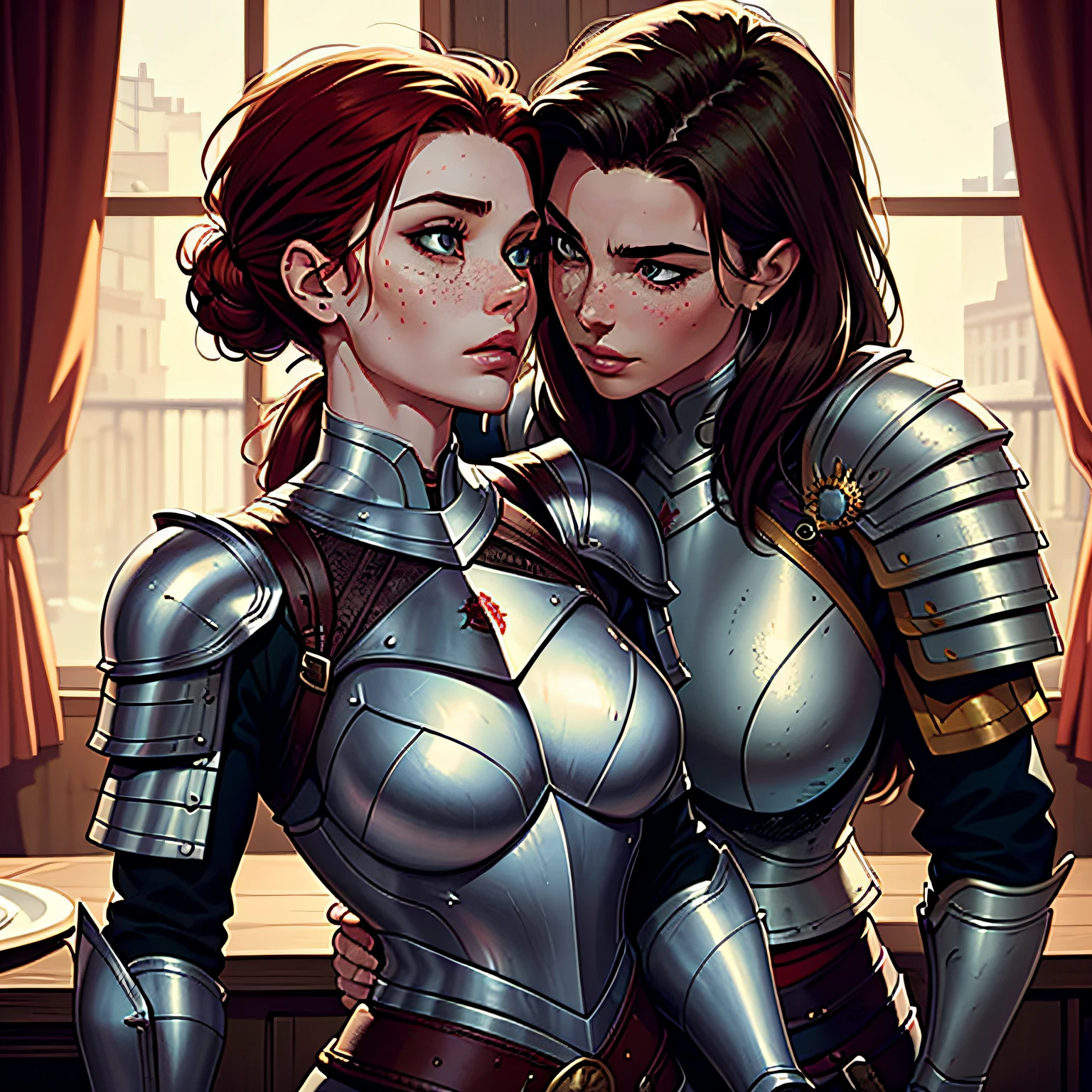 (masterpiece), (highly detailed face), (4K), (2girls), The focus is on a muscular dominant white female knight with medium length brown hair in a pony tail. The female knight is wearing plate armor, has gray eyes and clear skin, and has a lustful expression. She is leaning over a fit Scottish woman with straight red hair. The Scottish woman has green eyes and freckles on her face and is also wearing armor. Leaning close, lesbians, sexual tension, mature woman.