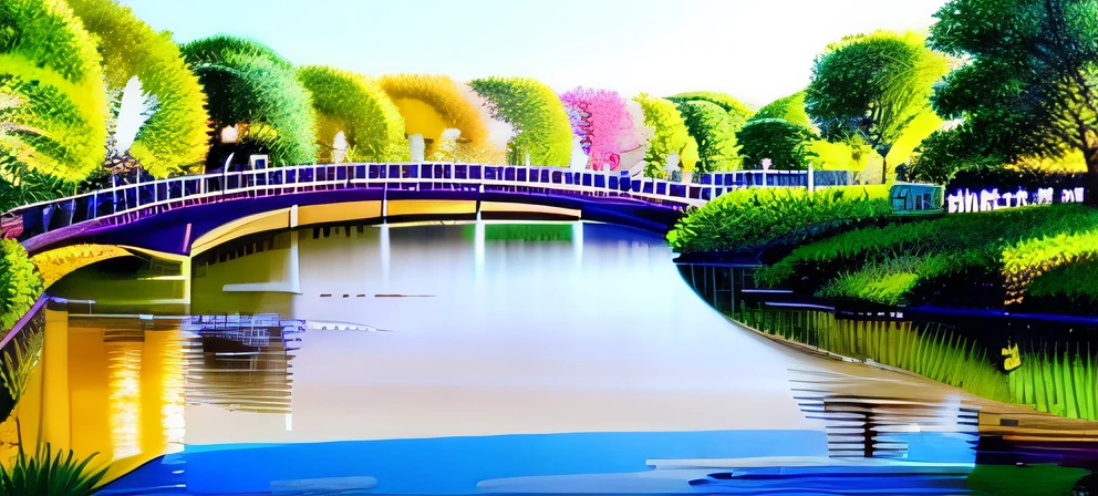 there is a small river running through a park with a bridge, moat, historical setting, trending photo, beautiful iwakura, canal, by Tsubasa Nakai, taken in the early 2020s, water reservoir, iwakura, by Sengai, photoshoot, river with low hanging plants, by Katsukawa Shun'ei
