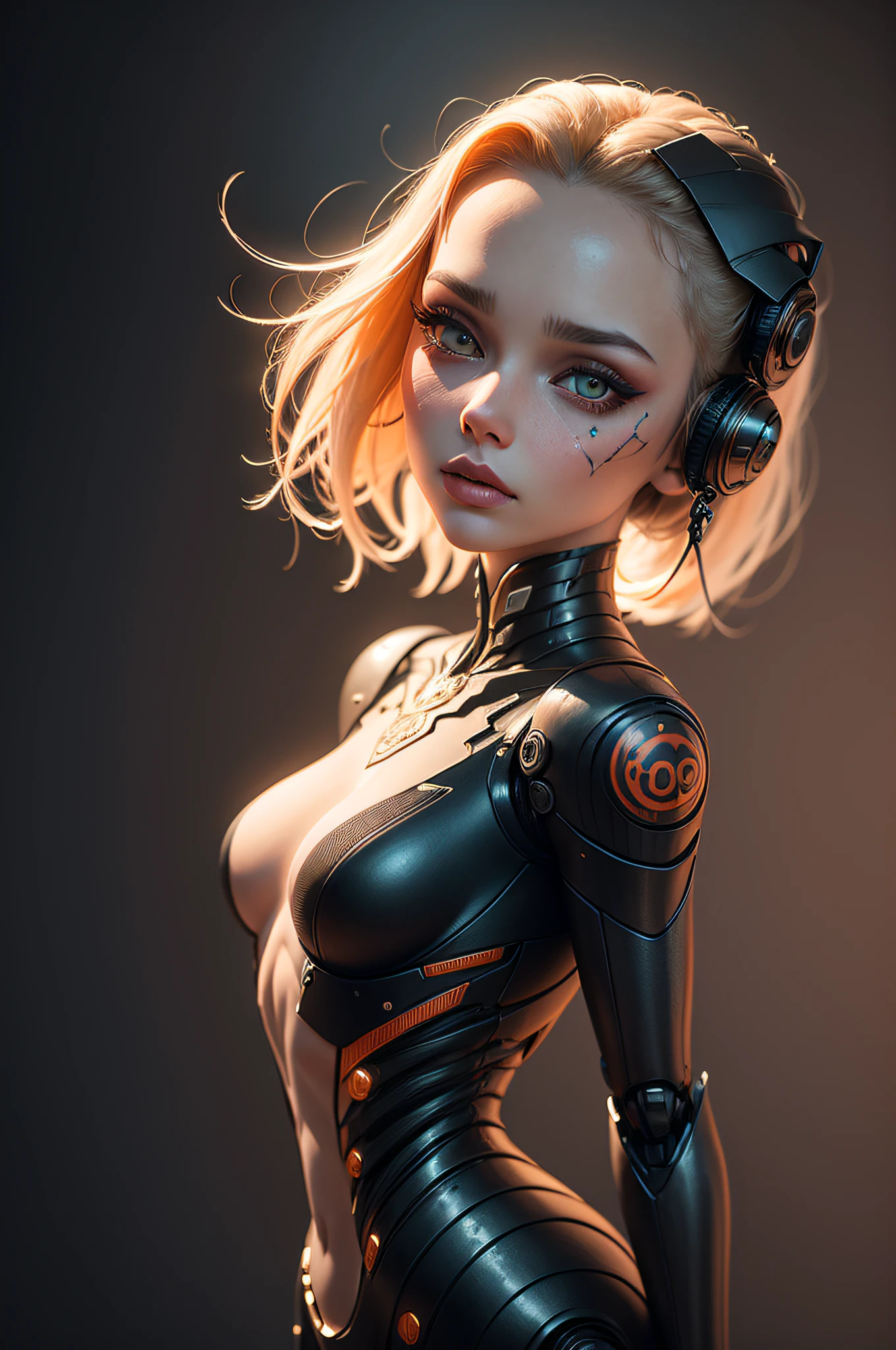 tattooed robot woman on a dark background, in the style of andrzej sykut, luminous 3d objects, elizabeth gadd, intricate lines, detailed facial features, victor nizovtsev, light orange and light black --auto