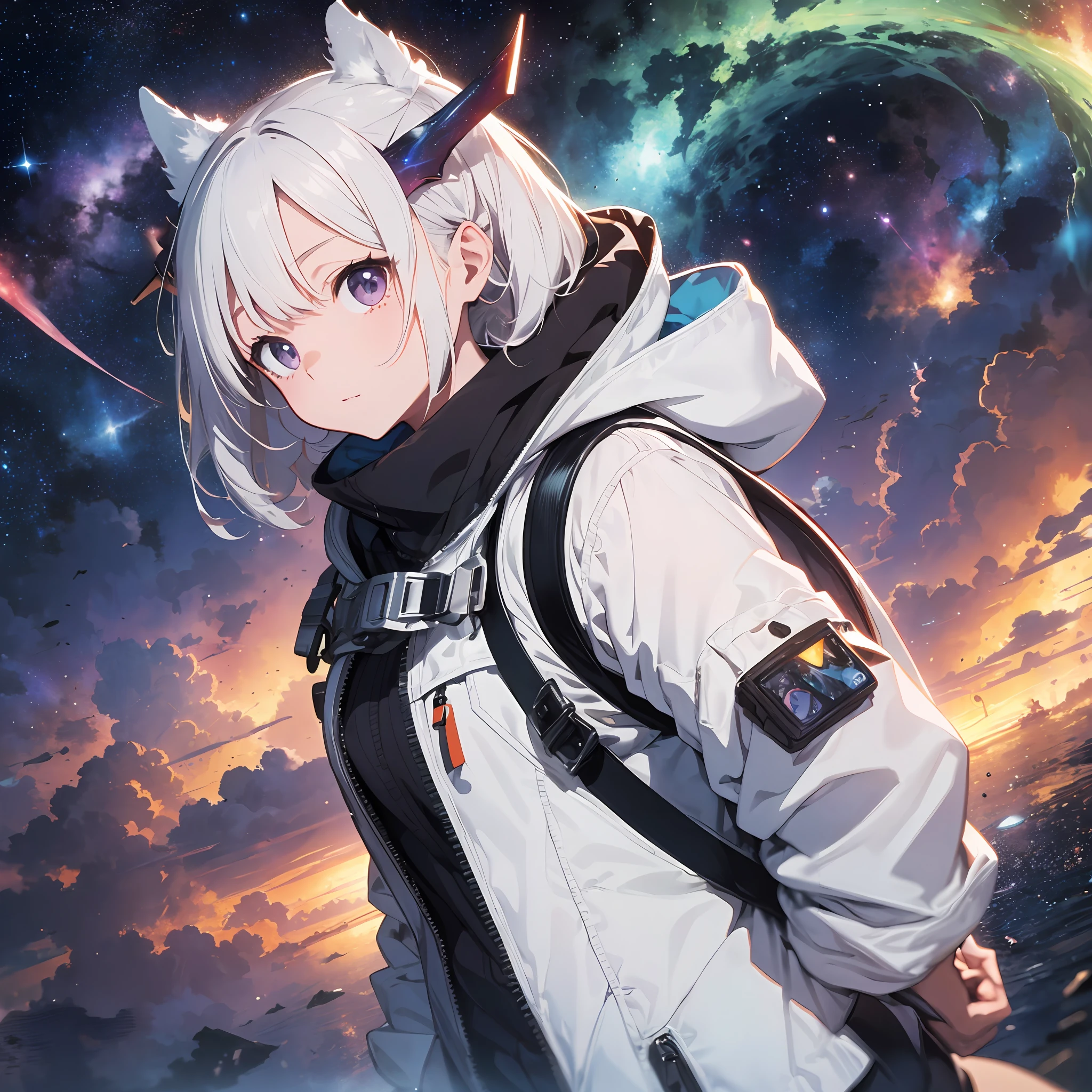 (background is Nebula: 1.3), spacesuit, background is outer space, helmet, spacewalk, thick eyebrows, (big backpack: 1.5), (white skin: 1.3), white skin, movie lighting, small, demon ears, (masterpiece), (best quality)), (super detailed), shiny skin, full body anime girl, clean and detailed anime face, high resolution anime eyes, five fingers, textile shadows, perfect human body structure, perfect anatomy,