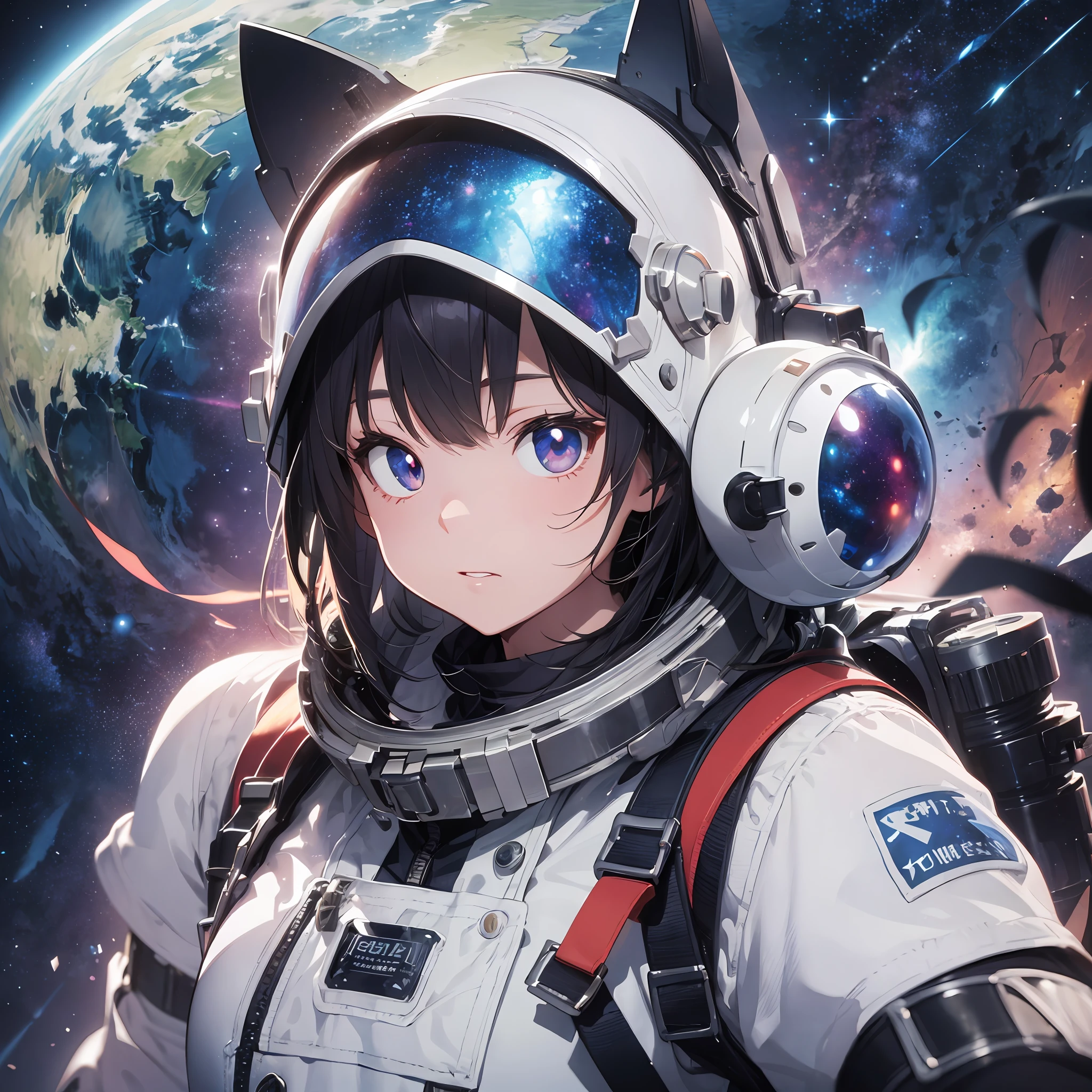 (background is Nebula: 1.3), spacesuit, background is outer space, helmet, spacewalk, thick eyebrows, (big backpack: 1.5), (white skin: 1.3), white skin, movie lighting, small, demon ears, (masterpiece), (best quality)), (super detailed), shiny skin, full body anime girl, clean and detailed anime face, high resolution anime eyes, five fingers, textile shadows, perfect human body structure, perfect anatomy,