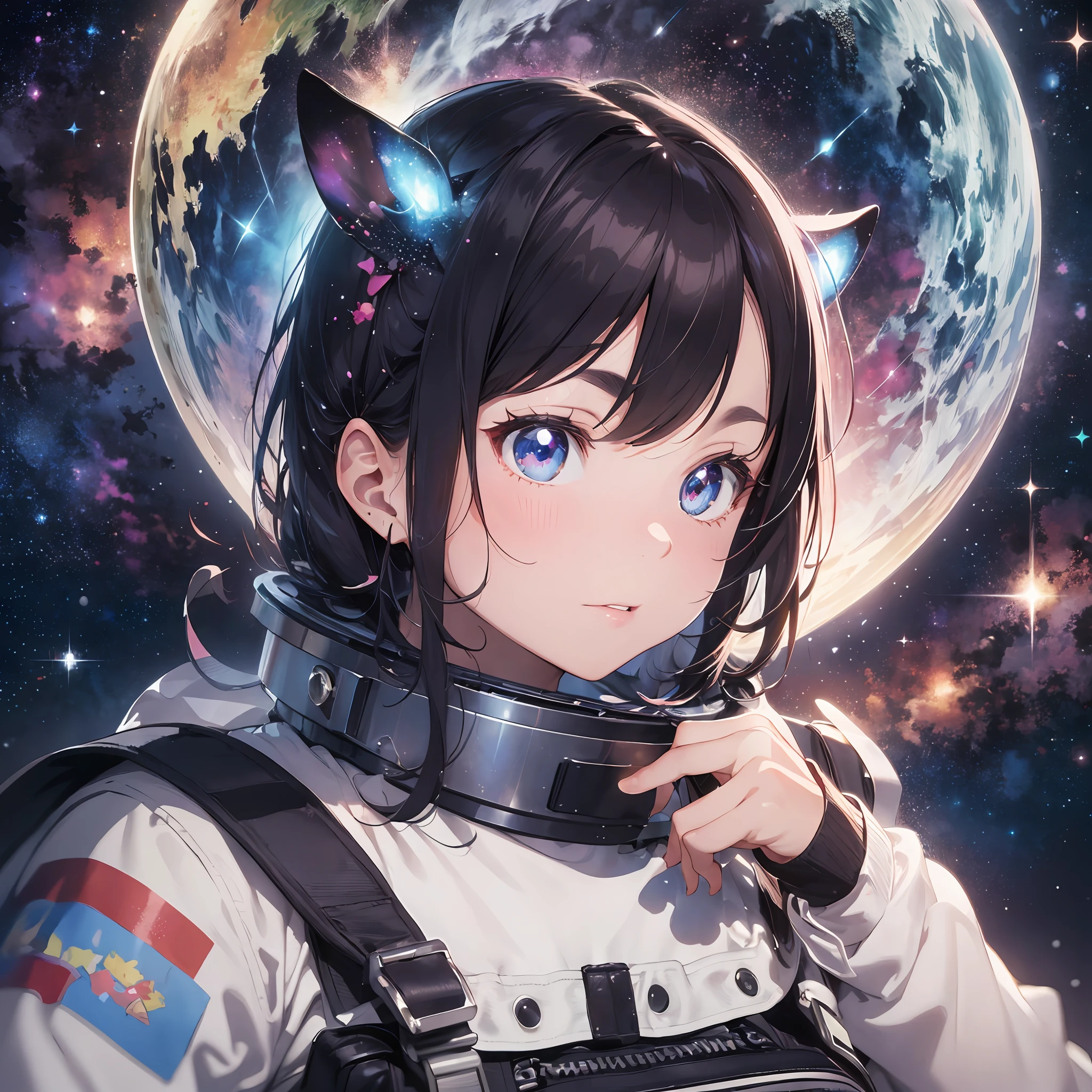 (background is Nebula: 1.3), spacesuit, background is outer space, helmet, spacewalk, thick eyebrows, (big backpack: 1.5), (white skin: 1.3), white skin, movie lighting, small, demon ears, (masterpiece), (best quality)), (super detailed), shiny skin, full body anime girl, clean and detailed anime face, high resolution anime eyes, five fingers, textile shadows, perfect human body structure, perfect anatomy,