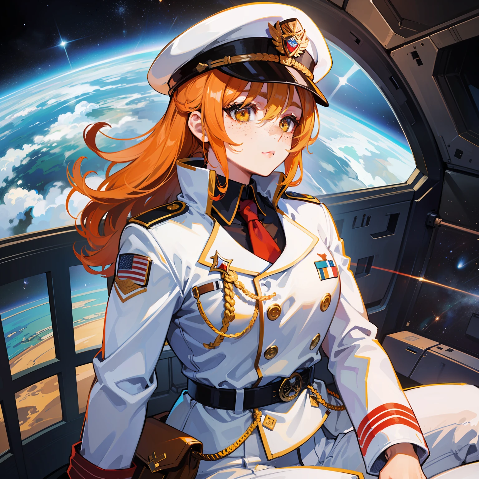 ((Masterpiece)), ((Highest Image Quality)), ((Best Quality)), (Illustration of One Girl), Full Body, 25 Years Old, Neutral, ((Freckles))), Orange Hair Ponytail, Yellow Eyes, (Tall Body)), Big, (Muscular Strong Body)), ((Muscular Strong Body)), (Military Uniform)), (Military Hat)), ((Army Coat)), (White Clothes), (White Pants), (White Hat), Trench Coat, ((Inside the Spacecraft)), (Outside the Window, Space, Earth as seen from space, Spaceport)