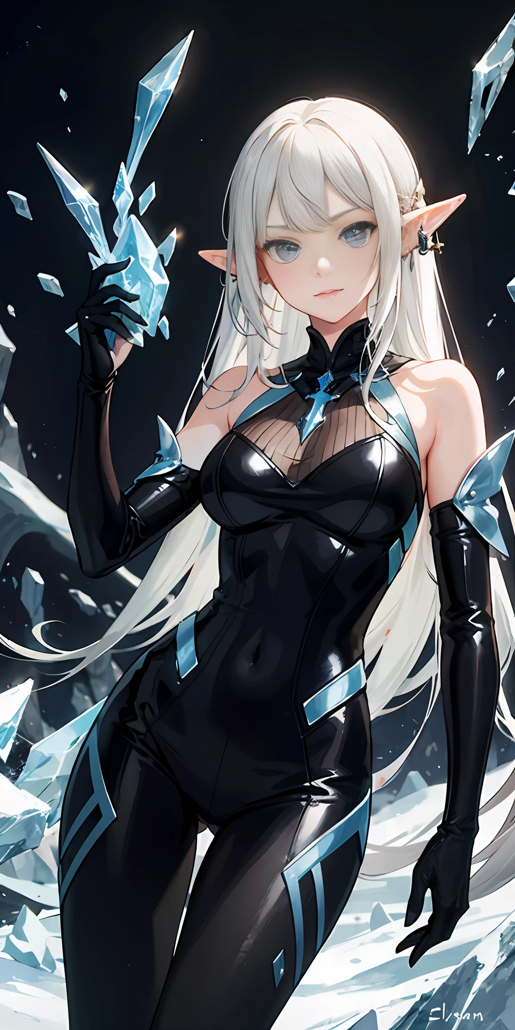 1girl, (sci-fi), elven, mystic, ice shards, wallpaper