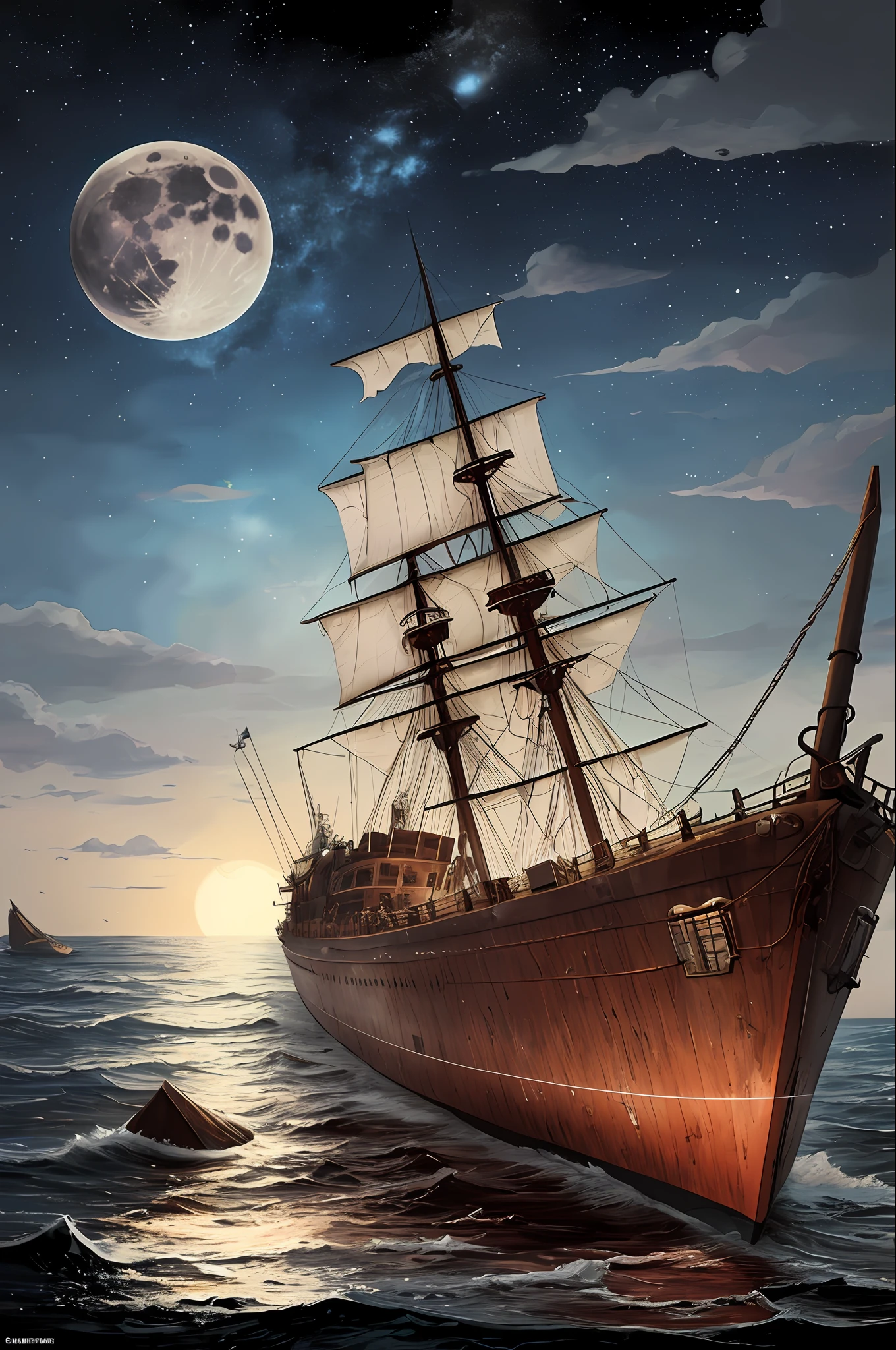 (Painting: 1.3) from (Detailed illustration: 1.3) A (full body: 1.3) shot in 8k resolution, splash art, fantastic style of comics, photorealistic, intense visual, anatomical photorealistic digital painting portrait of a (man: 1.3) human (sailor: 1.3) in blue and white (navy uniform: 1.3) in one (full moon night in a shipwreck: 1.3), light particle, Details on the broken boat (old ring style: 1.3), (Warhammer style:1.1), conceptual artist, global lighting, depth of field, splash art, art by Albert de Souza