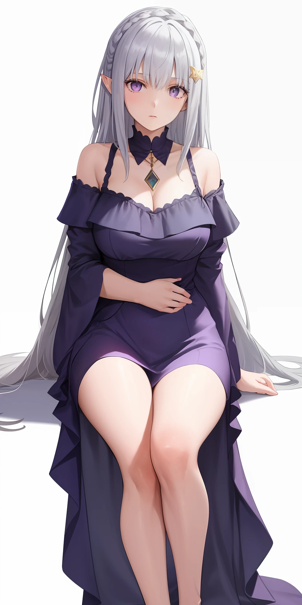 Best quality, highly detailed, masterpiece, super detailed, (realism: 1.2), 1 girl, (white background), simple background, delicate eyes, silver hair, purple eyes, hair_ornament, (white off-the-shoulder shirt: 1.3), long hair, pointed ears, crown braids, expressionless face, straight hair, (++ sitting: 1.2), big breasts,