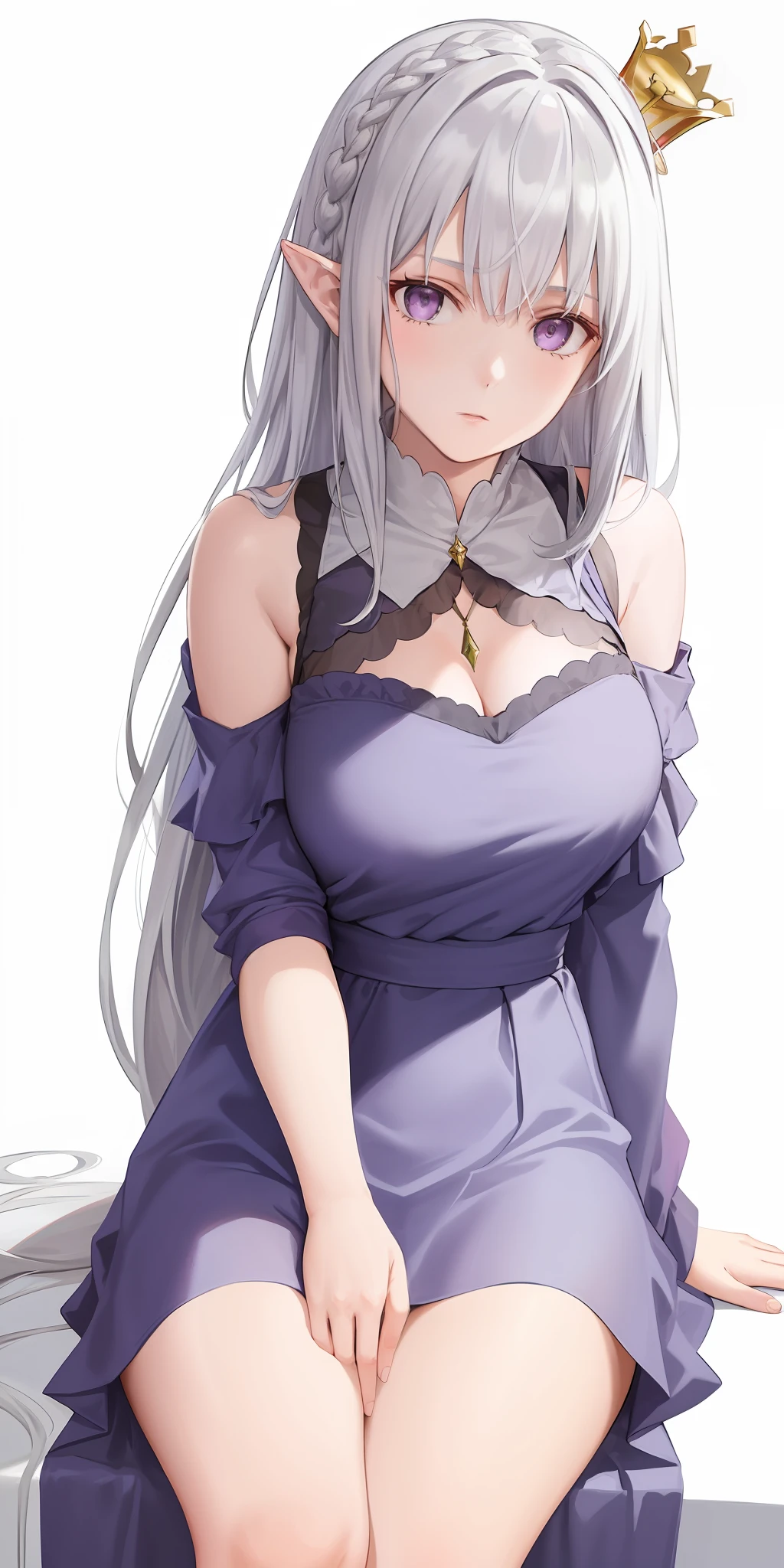 Best quality, highly detailed, masterpiece, super detailed, (realism: 1.2), 1 girl, (white background), simple background, delicate eyes, silver hair, purple eyes, hair_ornament, (white off-the-shoulder shirt: 1.3), long hair, pointed ears, crown braids, expressionless face, straight hair, (++ sitting: 1.2), big breasts,