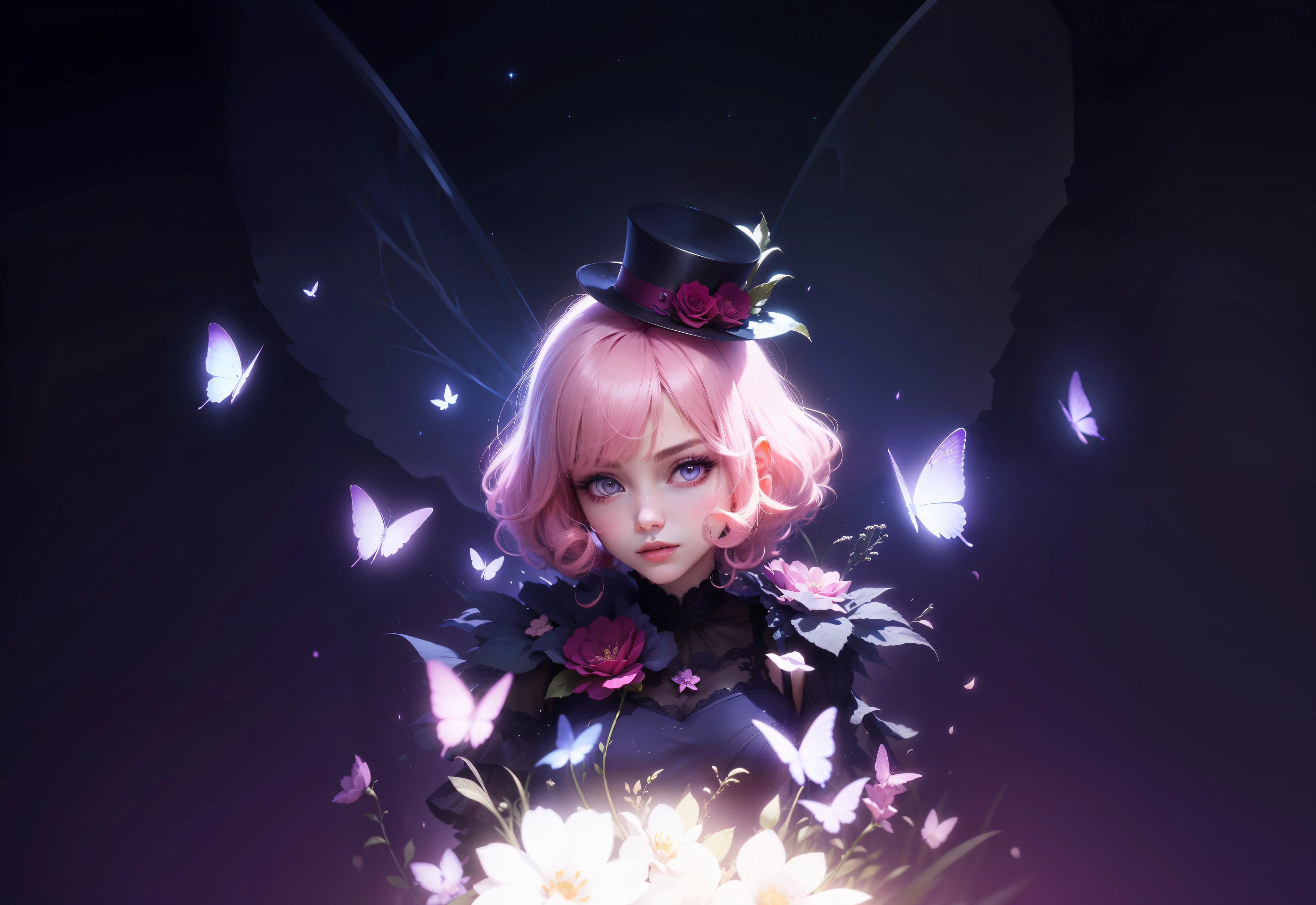 High-quality and exquisite depiction, 4K picture quality masterpiece, gorgeous light and shadow creation, diffuse aura and haze, messy hairstyle display, gorgeous scenes are beautiful, exquisite and elegant clothing, pink hair jumps out of dream, charming and detailed pupils, dynamic angle, exciting pink hair, the whole body is meticulous and charming, Lolita off-the-shoulder dress beautiful clothes, flowers red decoration, black top hat embellishment, flower decoration charming onyx stone, pink pupils pleasant, fairy-like ears, like transparent four-winged butterfly wings, The background is blurry with purple moon sky, stars illuminating the night, pink eyes --auto