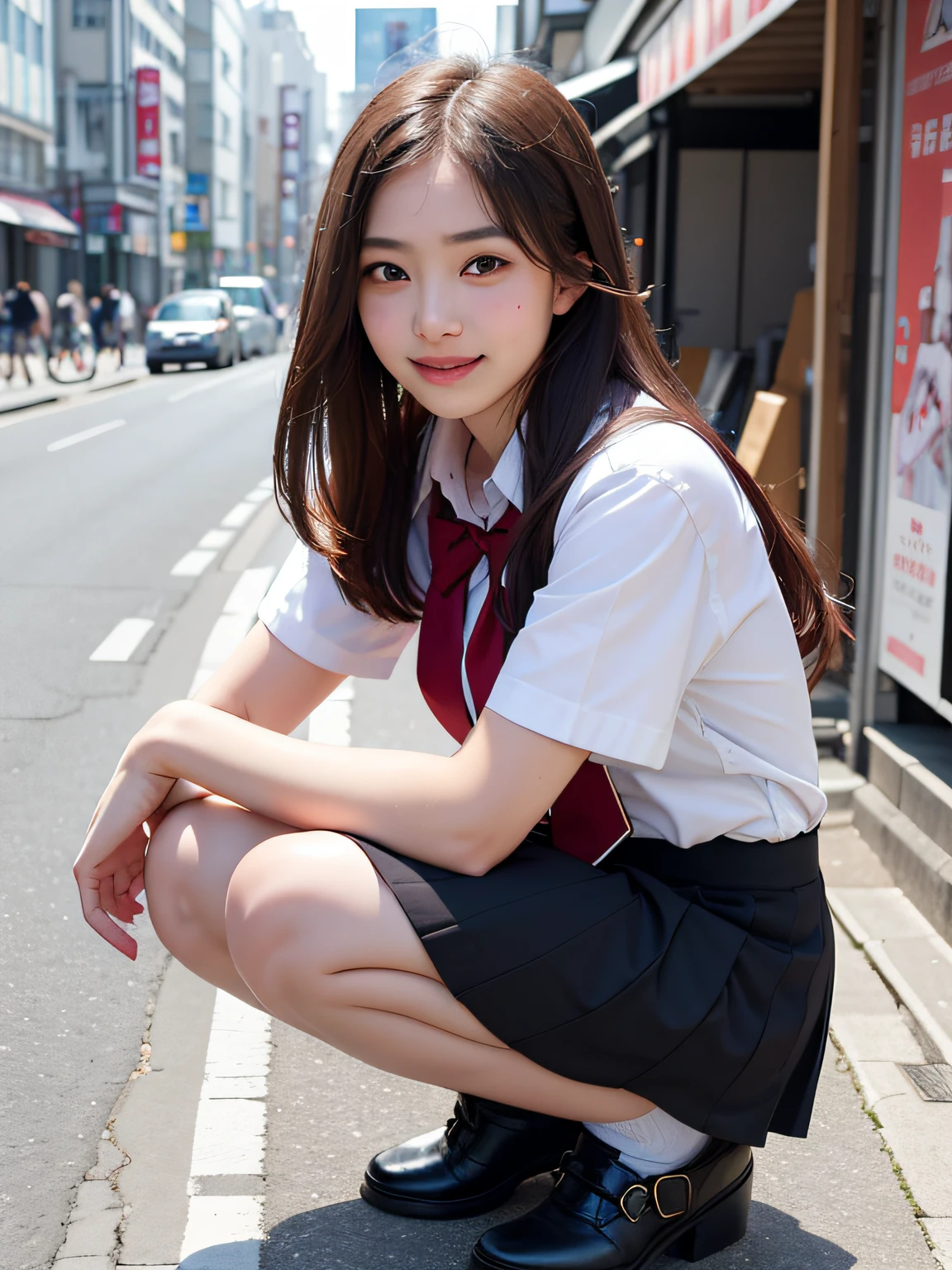 1girl,8k, RAW photo, best quality, masterpiece, realistic, photorealistic, smile, schoolgirl uniform, cute,streets of tokyo, cityscape, upper body,squatting,asuka saito,