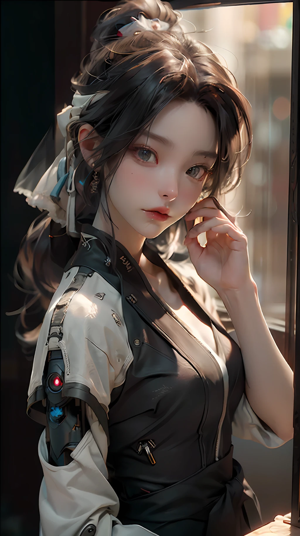 ((Best quality)), ((masterpiece)), (detailed:1.4), 3D, an image of a beautiful cyberpunk female,HDR (High Dynamic Range),Ray Tracing,NVIDIA RTX,Super-Resolution,Unreal 5,Subsurface scattering,PBR Texturing,Post-processing,Anisotropic Filtering,Depth-of-field,Maximum clarity and sharpness,Multi-layered textures,Albedo and Specular maps,Surface shading,Accurate simulation of light-material interaction,Perfect proportions,Octane Render,Two-tone lighting,Wide aperture,Low ISO,White balance,Rule of thirds,8K RAW,
