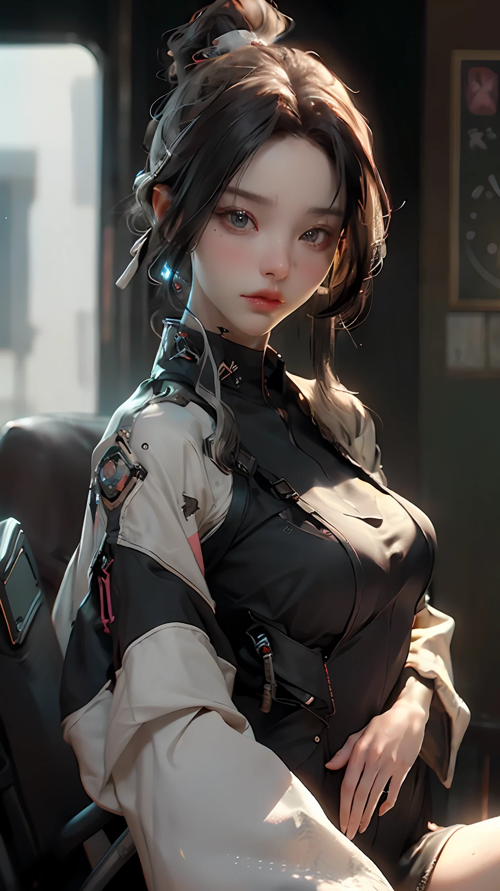 ((Best quality)), ((masterpiece)), (detailed:1.4), 3D, an image of a beautiful cyberpunk female,HDR (High Dynamic Range),Ray Tracing,NVIDIA RTX,Super-Resolution,Unreal 5,Subsurface scattering,PBR Texturing,Post-processing,Anisotropic Filtering,Depth-of-field,Maximum clarity and sharpness,Multi-layered textures,Albedo and Specular maps,Surface shading,Accurate simulation of light-material interaction,Perfect proportions,Octane Render,Two-tone lighting,Wide aperture,Low ISO,White balance,Rule of thirds,8K RAW,