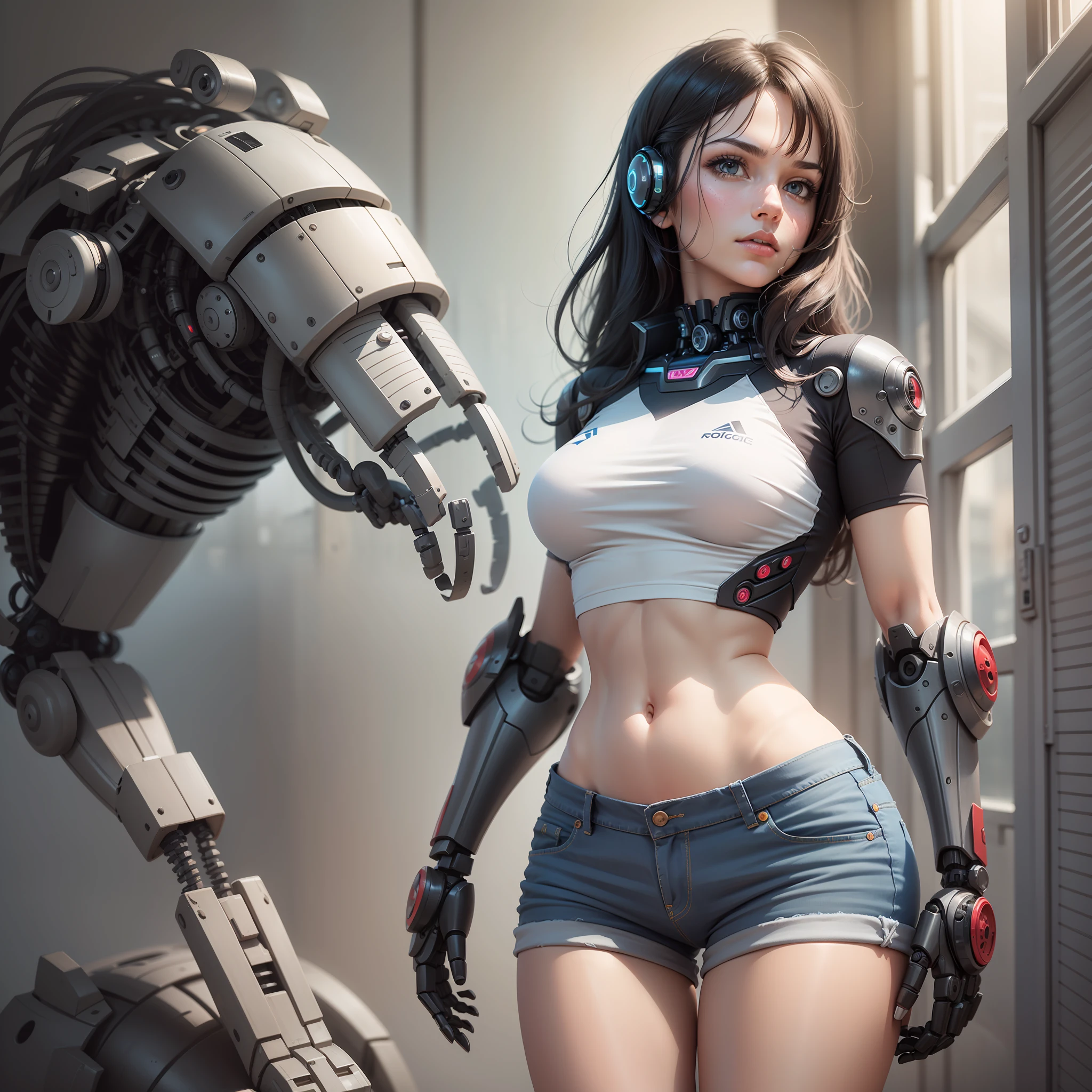 imagine a realistic drawing of 1 robot girl, professional pose, sport shirt, part human and part robot, black hair, robot cut, medium breasts, medium jean shorts, robotic abdomen, mechanical left arm, ultra-detailed robotics, full right leg mechanical, human left leg, parts, chest core, dynamic profile