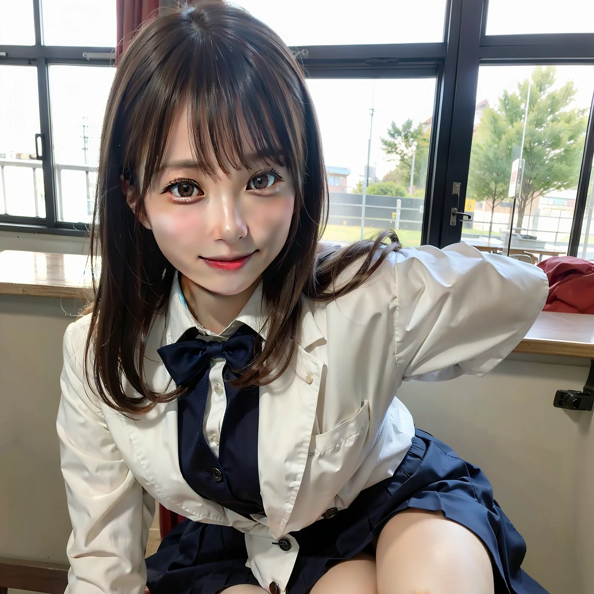 1 girl, best quality, facial focus, soft light, (depth of field), ultra high res, (photorealistic: 1.4), RAW photo, (upper knees: 1.4), (side) 1Japanese girl, solo, handsome, (shy, smile: 1.1), (brown eyes), detailed beautiful face, (long hair), High school classroom, (seated chair), (school uniform: 1.4, navy skirt, navy Blazer)