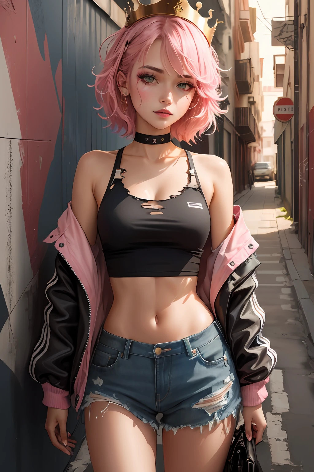 best quality, upper body,intricate details, chromatic aberration,1girl, pixie hair, pink hair, messy hair, cinematic lighting, gothic makeup, sharp eyes,croptop, torn jeans legwear, open jacket,against wall, brick wall, graffiti, dim lighting, alley, golden crown, pink skin, pink skin tone, happy, candy city