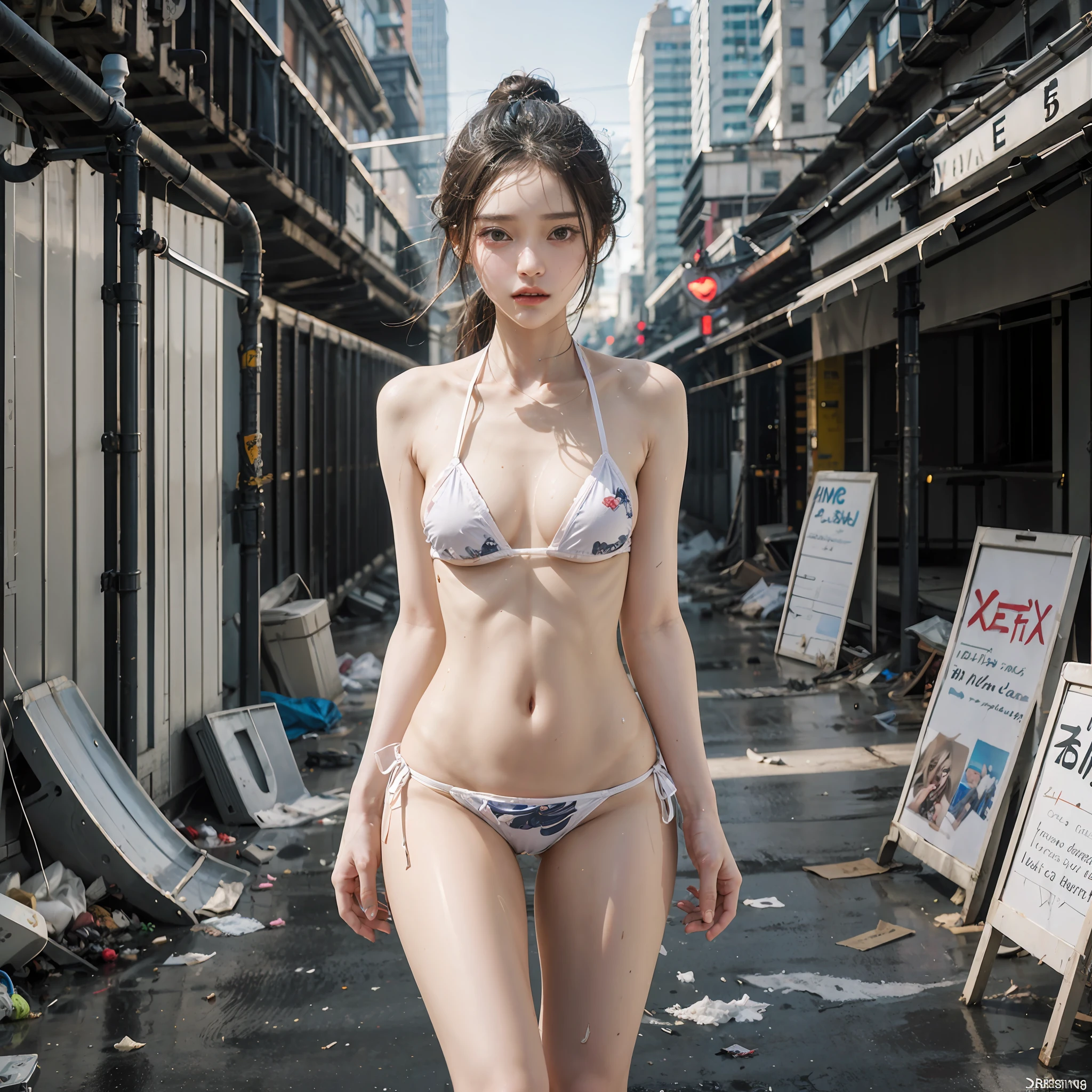 Streets of New York (1:2), Drug Addiction, Horror, Sloppy, Garbage Heap, Best Quality, Full Body Portrait (1:1), Delicate Face, 18-Year-Old Girl, Slim and Slender Figure, Skinny, Smaller Bust, Pinky, Broken Clear Bikini, Looming, Panties to Crotch, Barefoot, Garbage (4:1), Sweat (5:1), White Viscous Liquid (2:1)