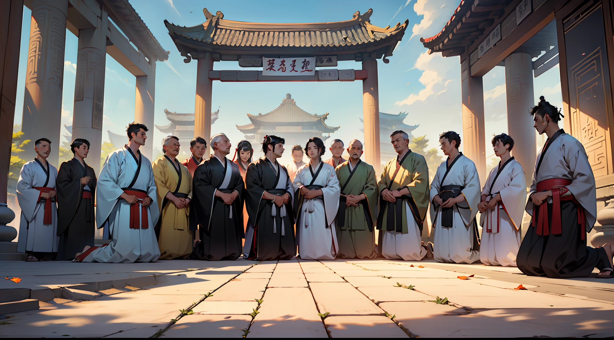 (a group of people) 500 people, kneeling on the ground, (((a thousand people kneeling on the ground))), countless people kneeling on the ground, (((black Hanfu))), (black hair))), ((middle-aged)), handsome, bowing their heads and kneeling) vista, grand (background: outside the sacred and palatial palace of ancient China)