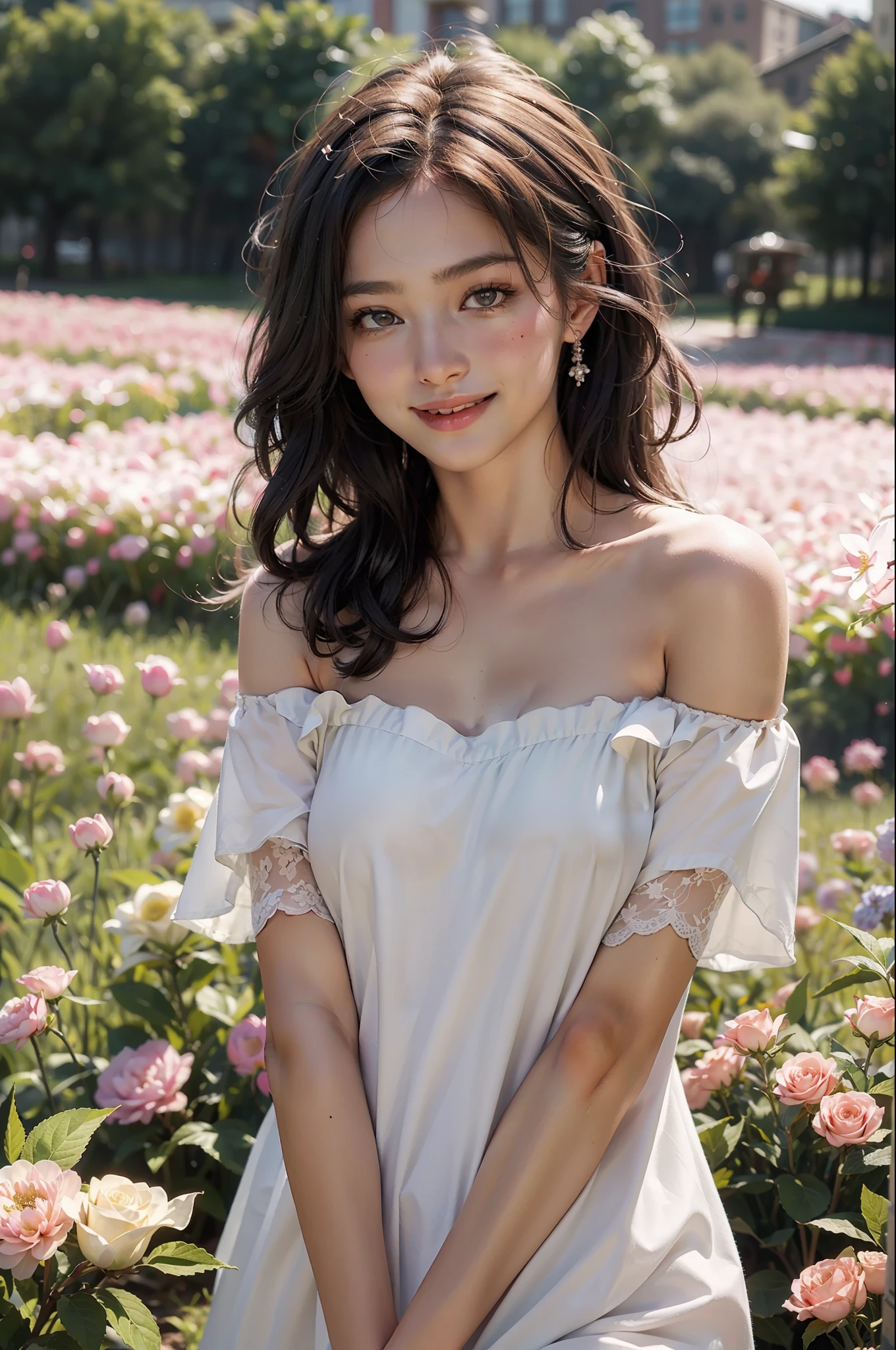 Best quality, masterpiece, ultra high res, (photorealistic:1.4), raw photo, 1girl, bareskin, nudist, off shoulder, blossom flower field, glowing skin, light smile