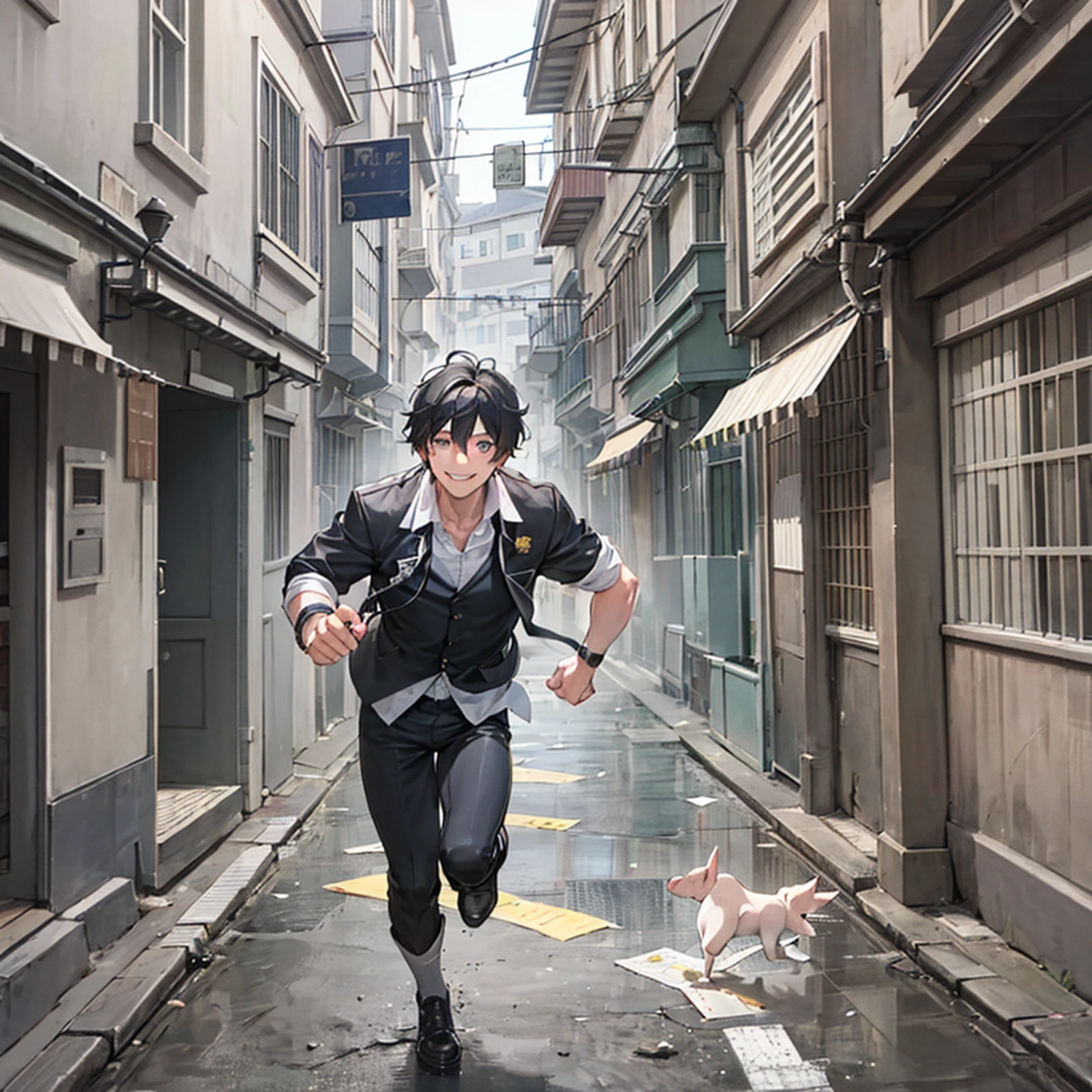Masterpiece, a fourteen-year-old boy, inch-headed, blue plaid shirt, black pants, pedal leather shoes, running under the blue sky. Flowers bloom on both sides of the road and birds sing on the branches.
