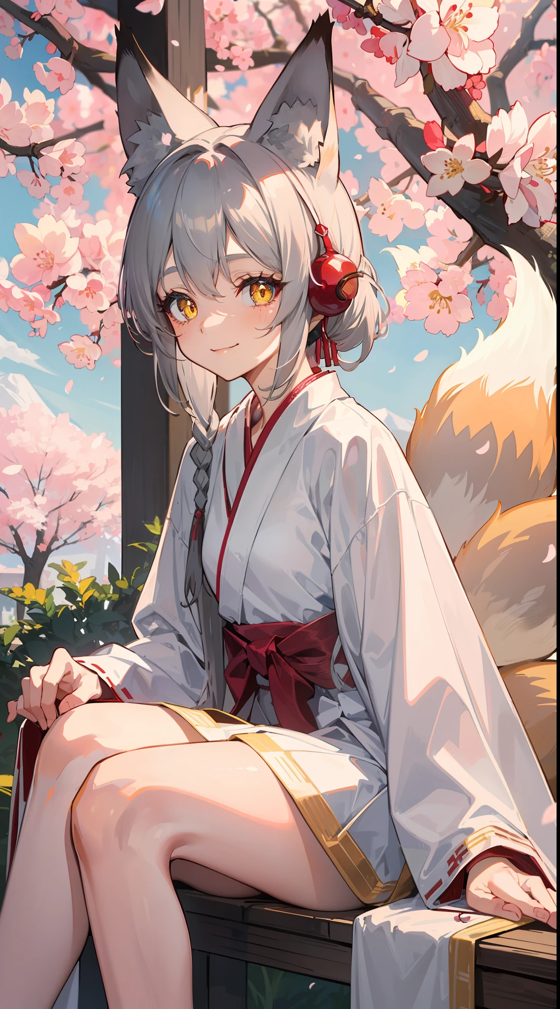 Under the cherry blossom tree was a fox-eared girl, her hair is gray and tied up short beautifully, yellow eyes with sharp pupils, she was wearing white robe, sitting with a beautiful smile, she is fox girl with 9-tails, 8k, beautiful scenery ((no other ears but fox ears))