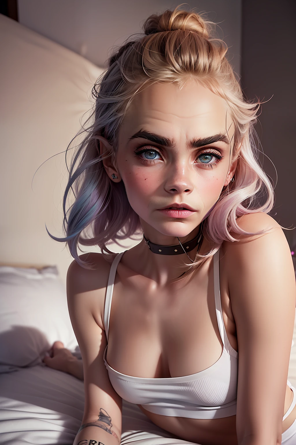 (((Cara Delevingne))), (very tall slender woman), (she lies in bed with bed shackles on her arms and legs), (small head), (((she wears a short crop white shirt))), ((white tight hot pants)), (photorealistic), (ray tracing), (cinema lighting), (sharp focus), (detailed face), natural and realistic skin textures, ((cameltoe))