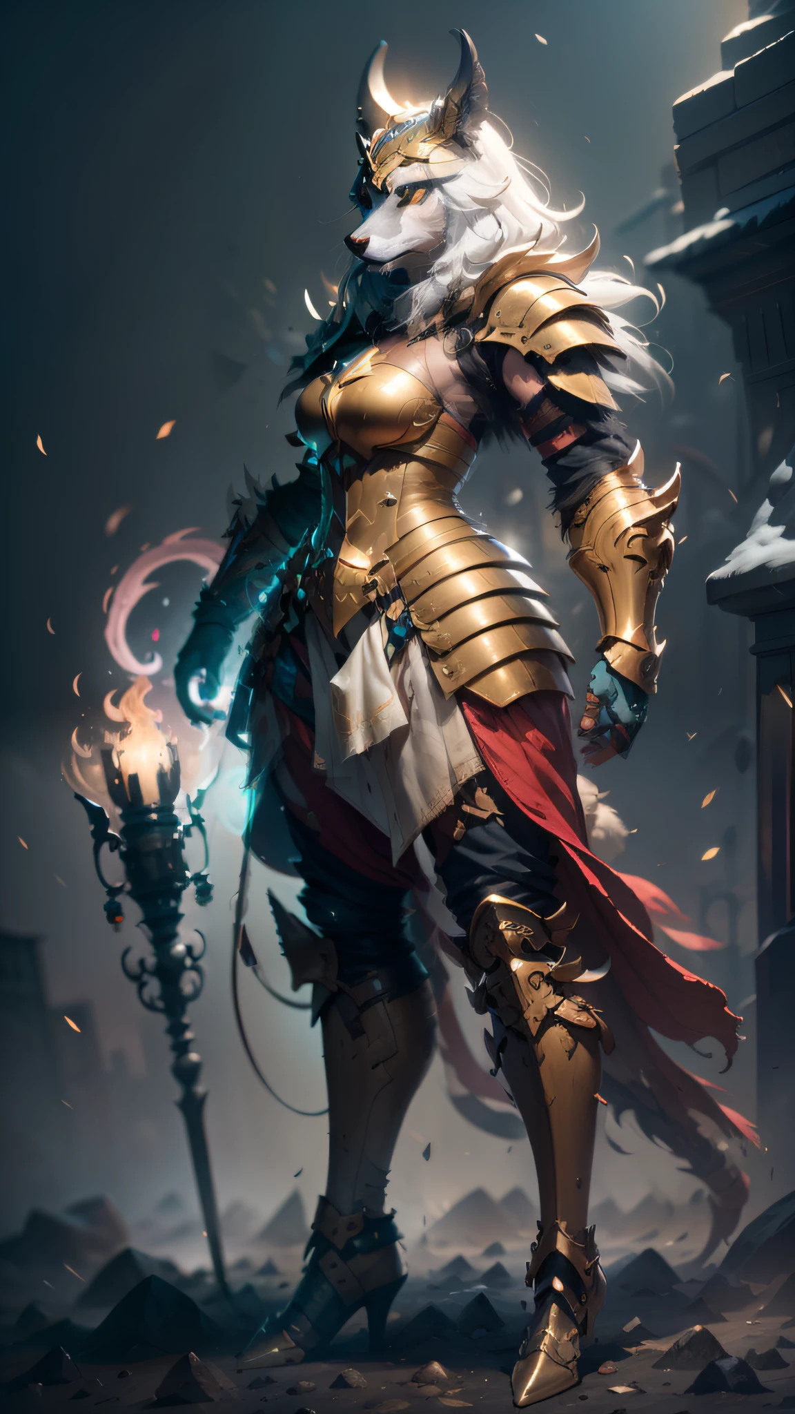 ((((Light Painting))), Color, Optics, ((((Ray Emission))): Anti-aliasing: 5D, Evil, Optics, Full Body View, Battle Background, 1 Dog Girl, Tattoo , Golden Armor, Splashed with Someone Else's Blood,