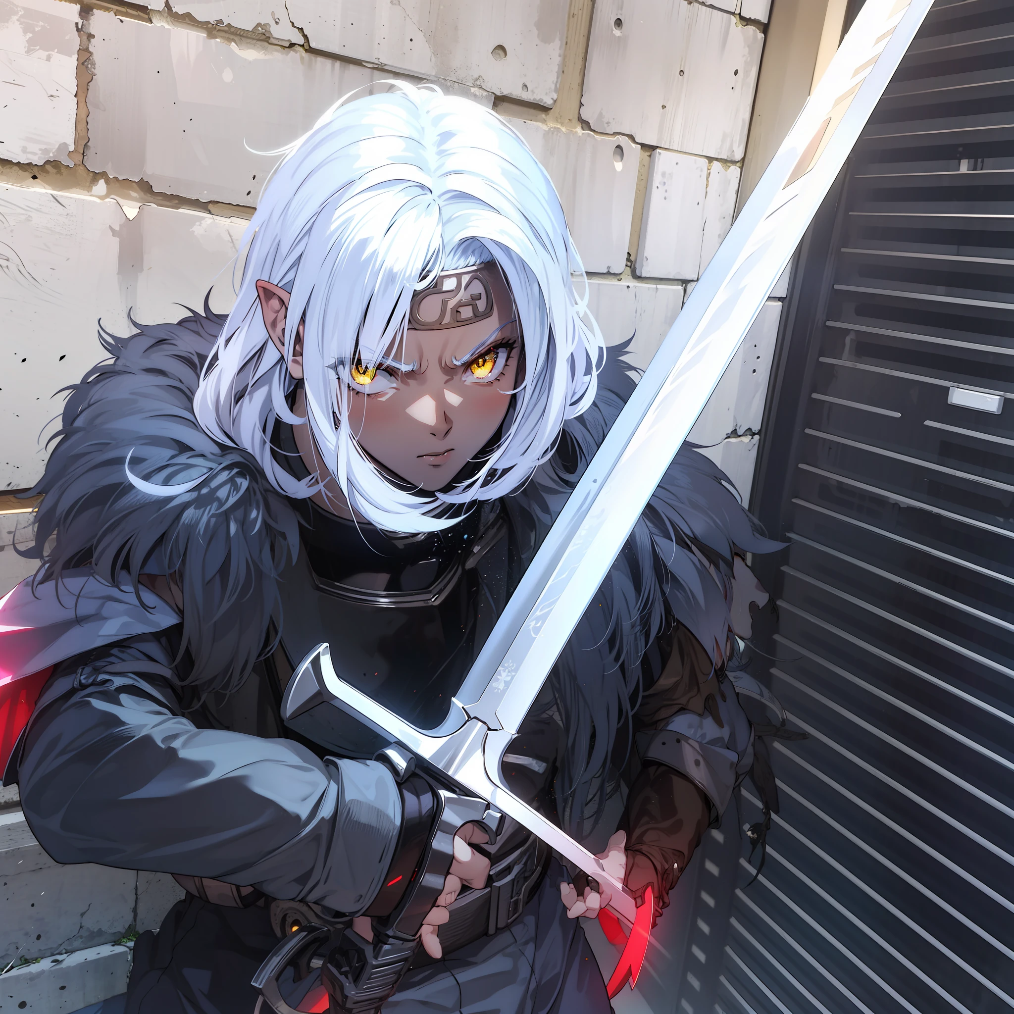 Boy, brown skin, holding a sword, pointed ears,4k, yellow eyes, black armor