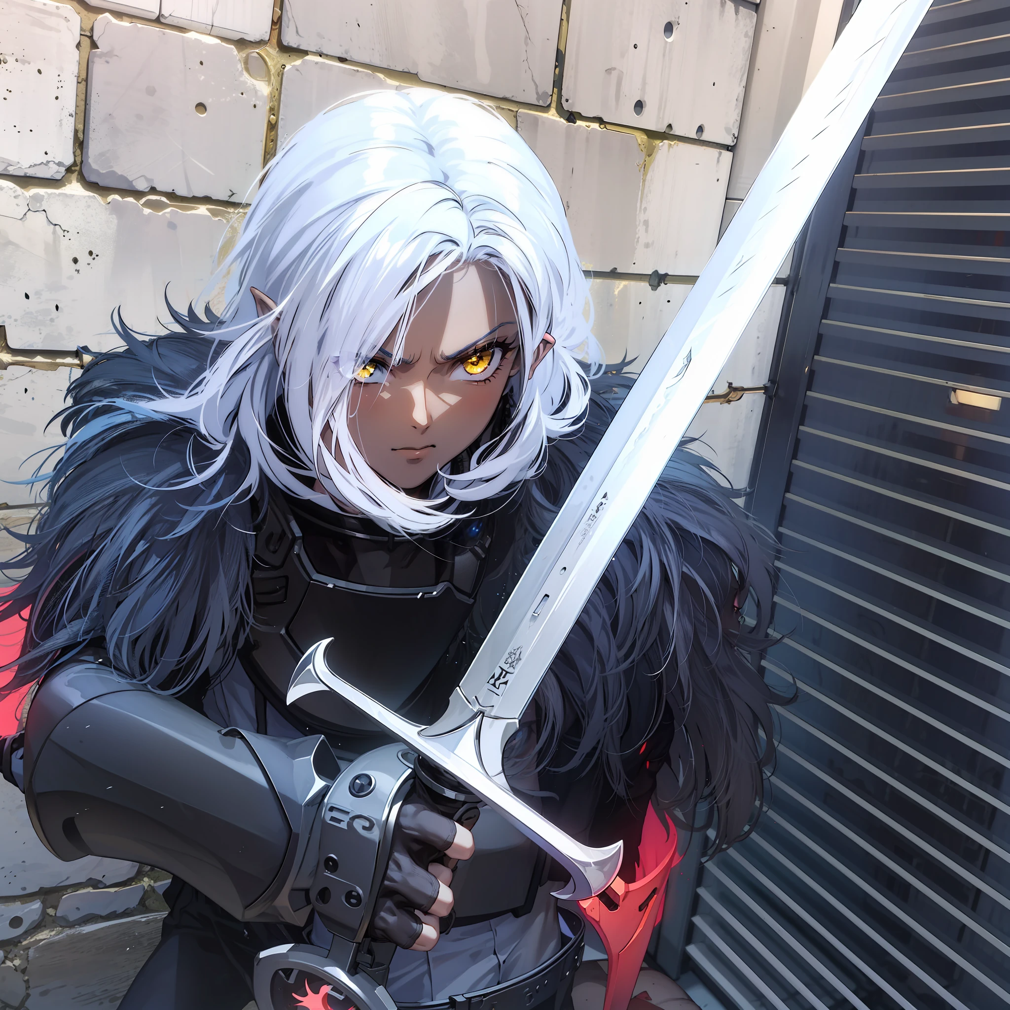 Boy, brown skin, holding a sword, pointed ears,4k, yellow eyes, black armor