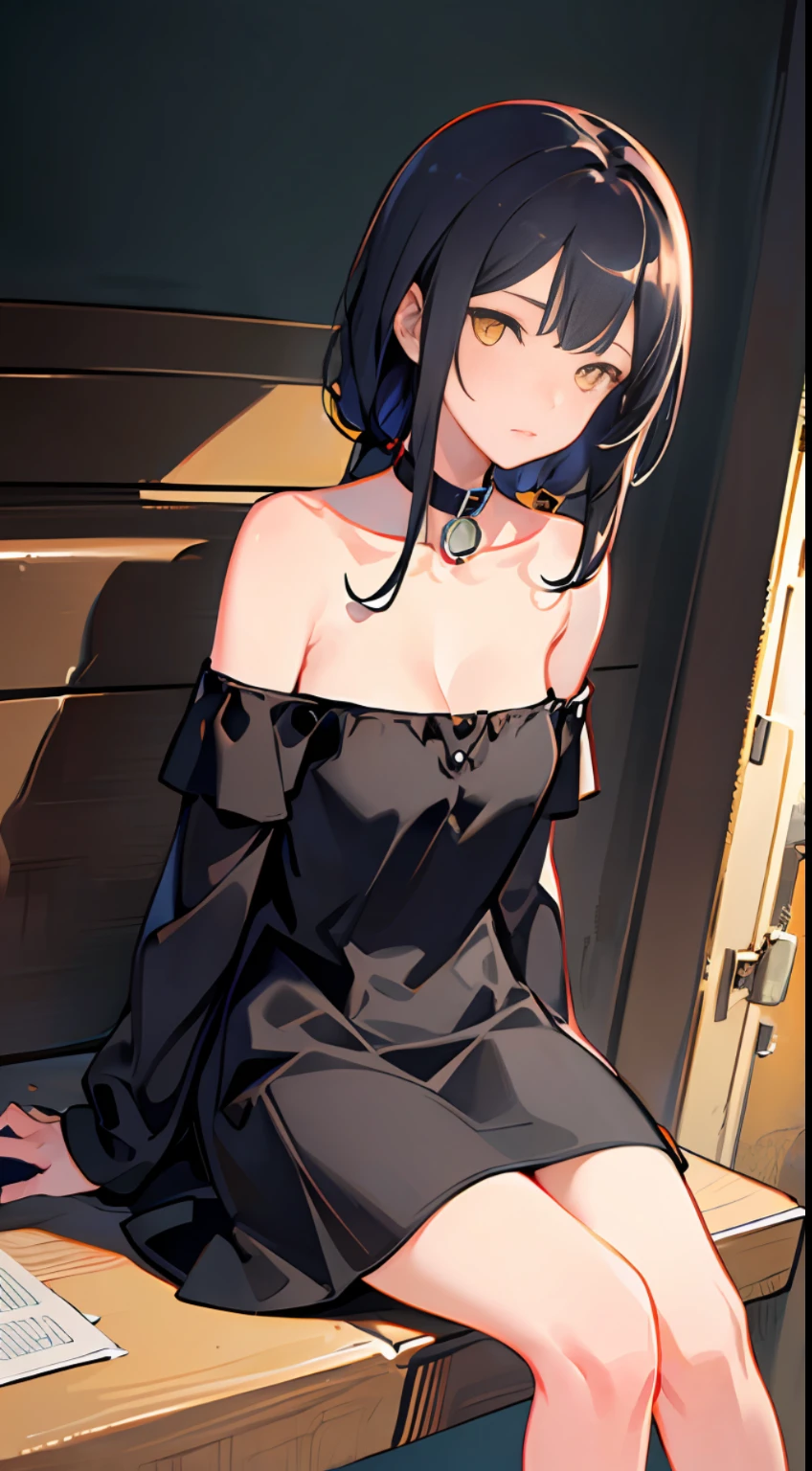 Best quality, masterpiece, ultra high resolution, (photorealistic: 1.4), raw photo, 1girl, off shoulder, cinematic lighting, bare shoulder, black hair, yellow eyes, sitting on knees, dutch angle, black dress, black collar
