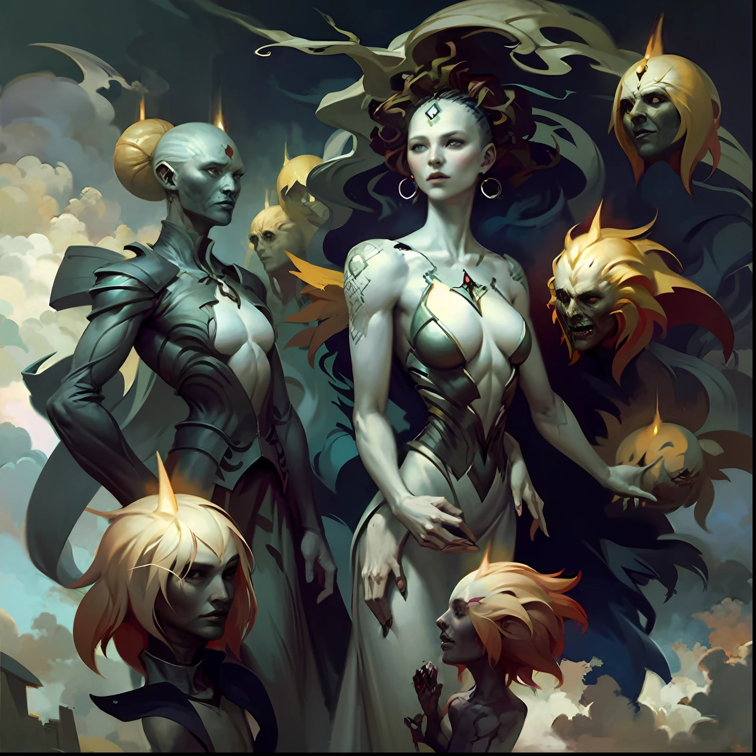 a painting of a woman surrounded by zombies in a building, peter mohrbacher c 2 0, zombie in horror concept art, peter mohrbacher'', style of peter mohrbacher, horror fantasy art, graphic artist peter mohrbacher, fantasy horror art, peter mohrbacher style, pete mohrbacher, by Jeremy Chong, by Aleksander Gine