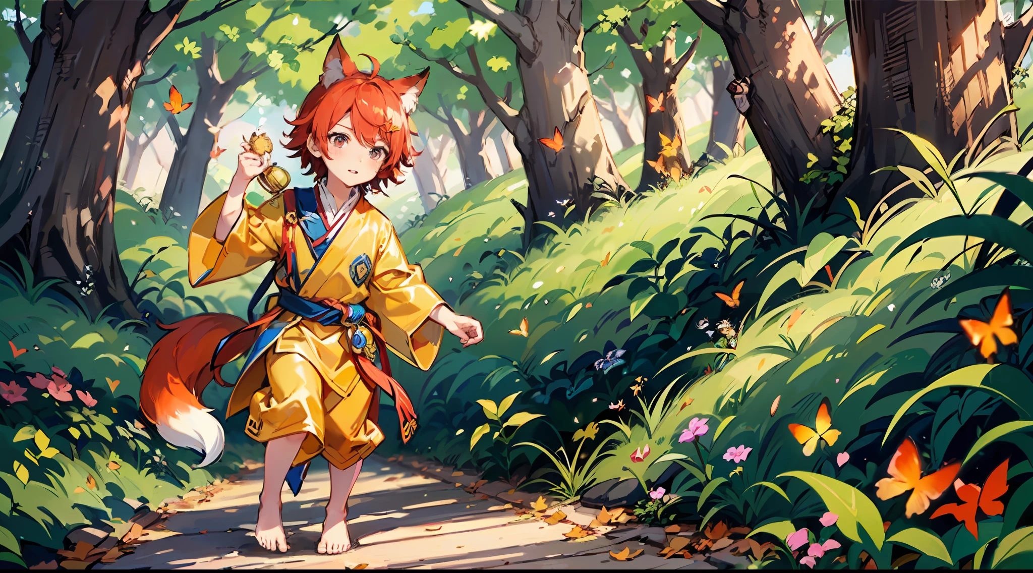 (Little boy with short red hair with golden eyes), (dressed in a golden and red fairy robe), (red fox ear tail), (handsome), (barefoot), (maple forest), (chasing butterflies)