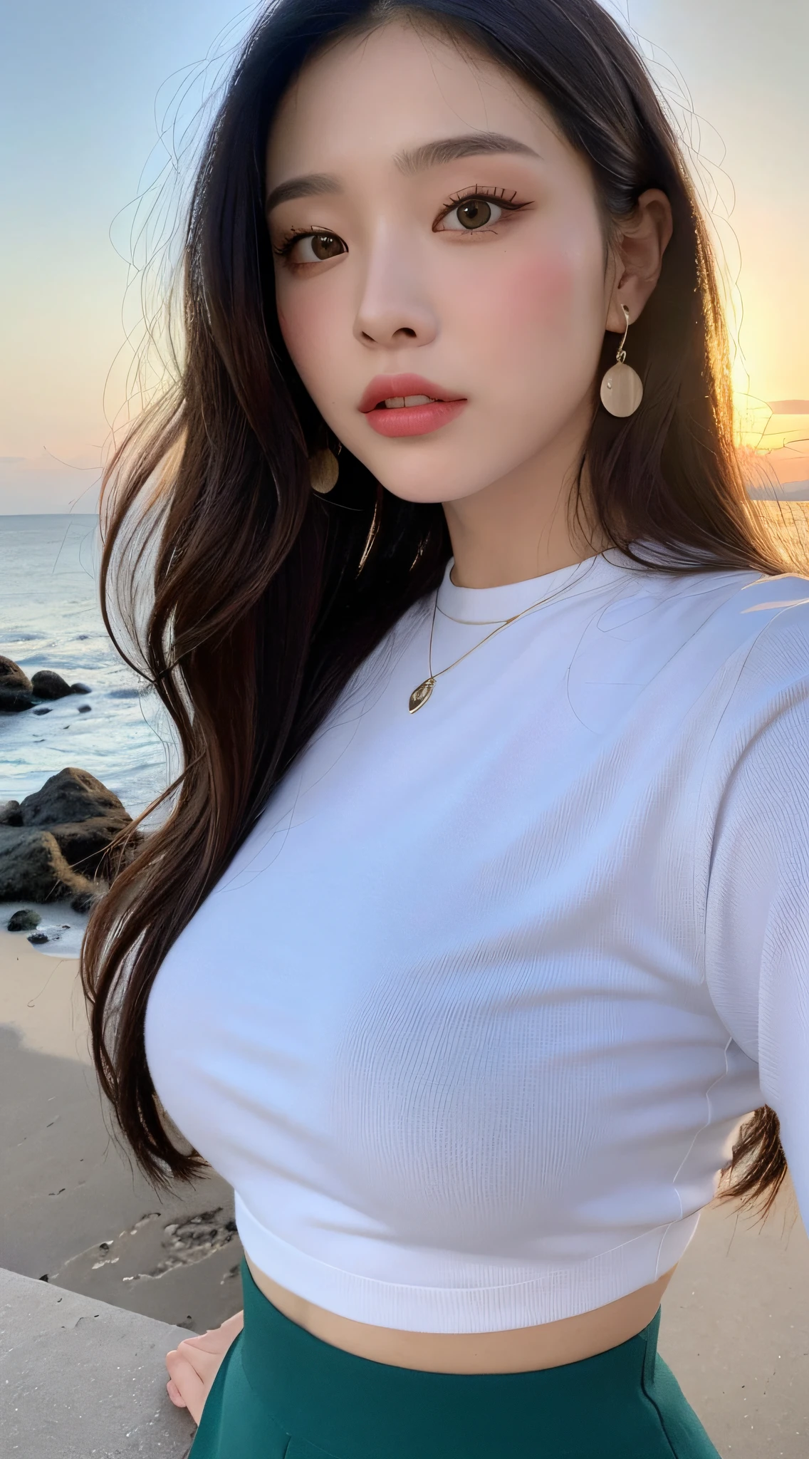 Highest quality, best quality, unlimited details, 8k resolution, a delicate beautiful girl, goddess, fairy fluttering, beautiful eyes, charming eyes, moist lips, long tan hair, slightly curly, net red face, detailed portrayed face, detailed portrayed expression, detailed portrayed facial features, master masterpiece, detailed depicted character, detailed portrayed hair, detailed portrayed hair, detailed portrayed hair, detailed portrayed body, detailed portrayed hands, detailed portrayed clothes, detailed portrayed face, Perfect face, ultimate arms, hair, facing the viewer, shirt, boots, necklace, lipstick, earrings, sunset, standing posture, full body photo, master work, infinitely close to reality, distant full body perspective, at the seaside, azure sea, azure sea, azure sky, plump upper body, white transparent shirt on upper body, plump short hip skirt on the lower body, big boobs, big ass, perfect proportions, shirt,