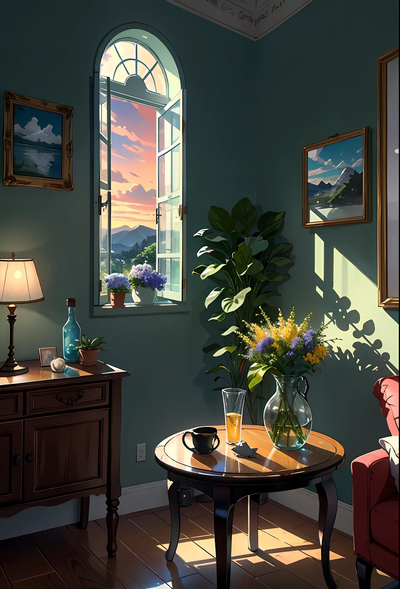 Terrace studio, huge, plants in pots, flowers in a vase, figurines, rocking chair, birds, cat, expensive and cozy interior, creative workshop, décor, Cozy artist's workshop, easel, color palette, acrylic paints, paintings, large windows, loggia, art, awards, table, sofa, armchairs, mirror, crystals, meditation, harmony, many books on the walls, paintings on the walls, view from the window, sea, mountains, amazing sunset,  floral arrangements, paints, brushes, artist's theme, graceful, dynamic bright lighting, happiness, full color, multicolored, artificial, highest detail, super quality, fine details, highlights, neon lights, masterpiece, best colors