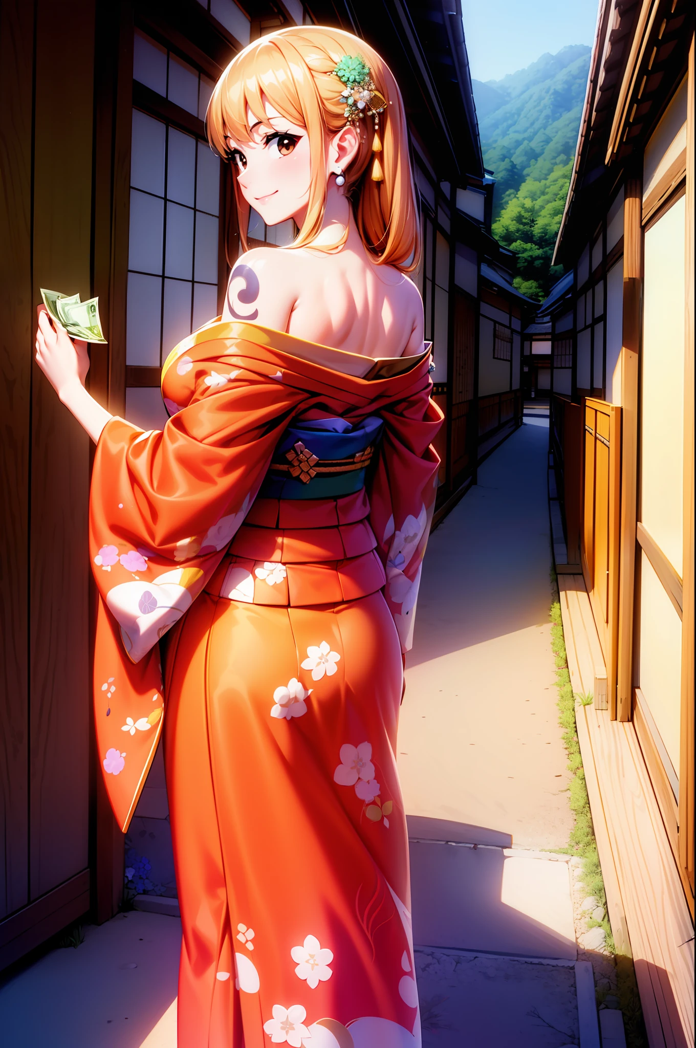 masterpiece, ((ultra detailed background, delicate pattern, intricate detail)), (highly detailed, fine details), best quality, ((medium breasts, slim girl)), NamiChan, 1girl, orange hair, solo, long hair, jewelry, ((medium breasts, slim girl, japanese clothes, kimono, left shoulder tattoo)), hair ornament, brown eyes, smile, earrings, (complex detailed background, outside, urban environent, traditional japanese town environment, japanese buildings, cowboy shot, from behind, holding, money, money bill),
