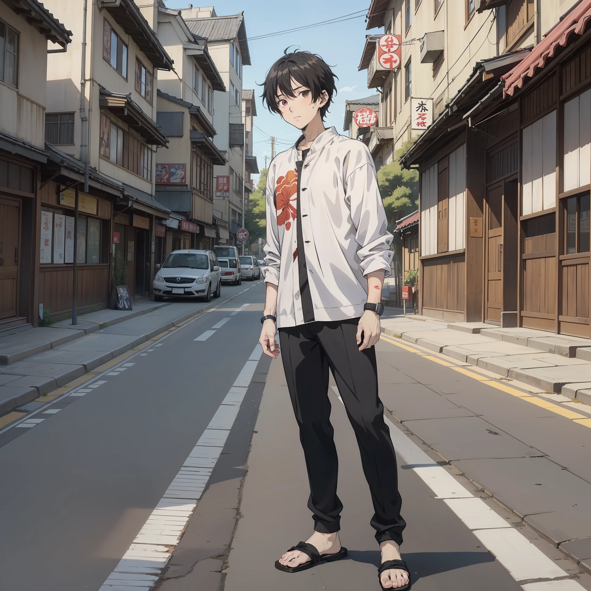 A young anime guy with short black hair and a white shirt about 30 years old standing on the side of the road in the town, the soles of his feet are injured and bleeding 1.5 (bamboo basket 1.5) (sweat 1.5) (roadside in the background town 1.5) anime style 4 K, anime rendering, anime style. 8k, handsome anime face (full body display 1.5) (handsome boy 1.3) (cinematic light 1.5)