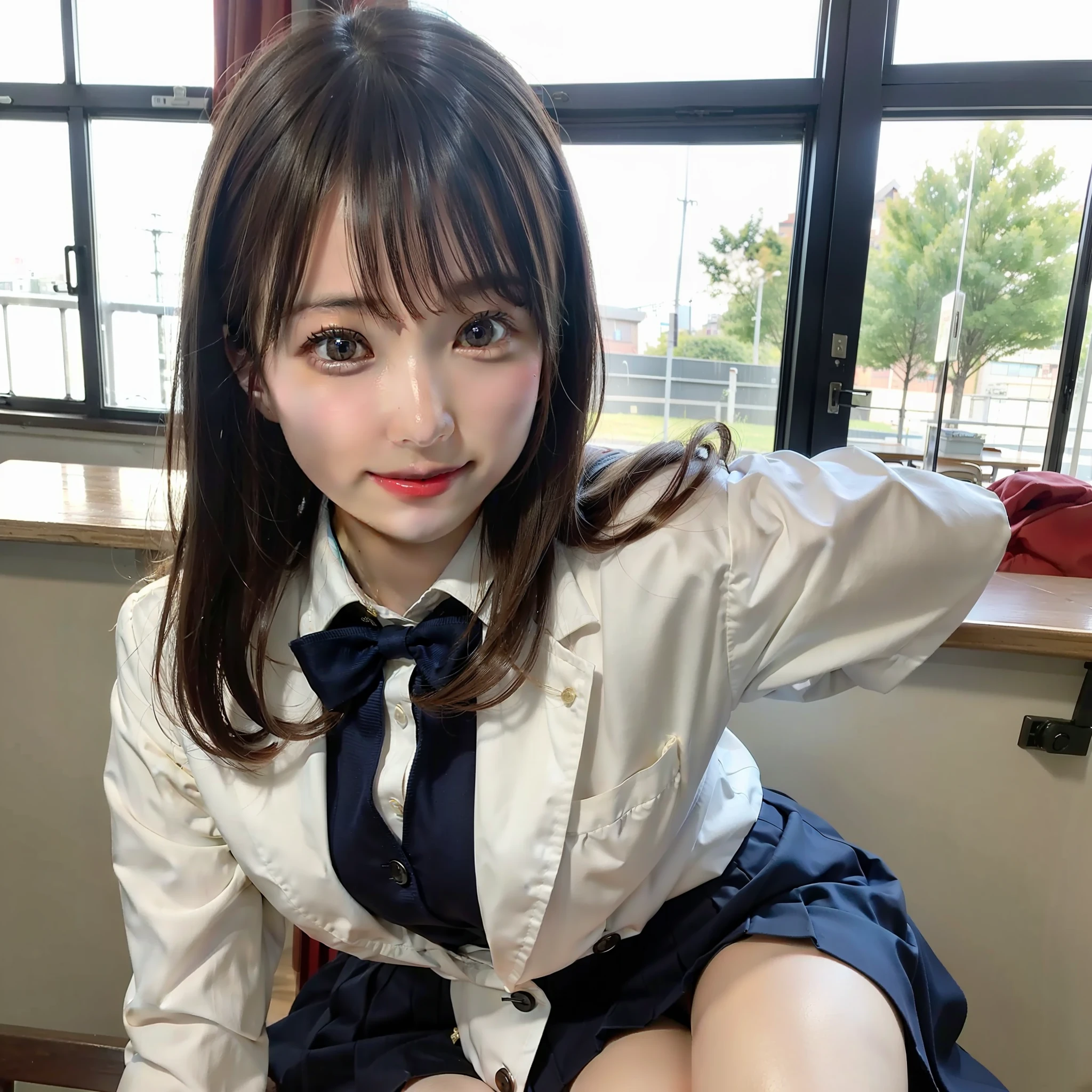 1 girl, best quality, facial focus, soft light, (depth of field), ultra high res, (photorealistic: 1.4), RAW photo, (upper knees: 1.4), (side) 1Japanese girl, solo, handsome, (shy, smile: 1.1), (brown eyes), detailed beautiful face, (long hair), High school classroom, (seated chair), (school uniform: 1.4, navy skirt, navy Blazer)