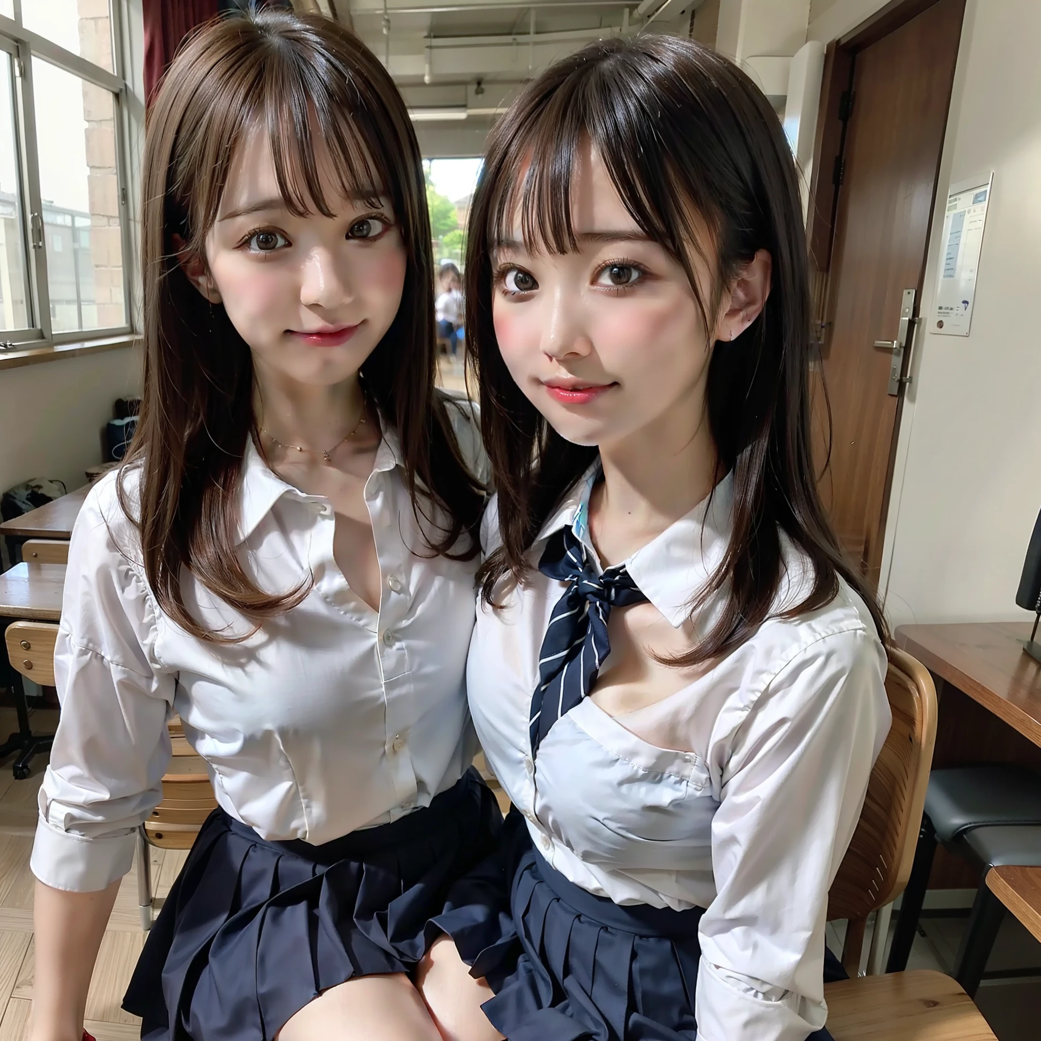 1 girl, best quality, facial focus, soft light, (depth of field), ultra high res, (photorealistic: 1.4), RAW photo, (upper knees: 1.4), (side) 1Japanese girl, solo, handsome, (shy, smile: 1.1), (brown eyes), detailed beautiful face, (long hair), High school classroom, (seated chair), (school uniform: 1.4, navy skirt, navy Blazer)