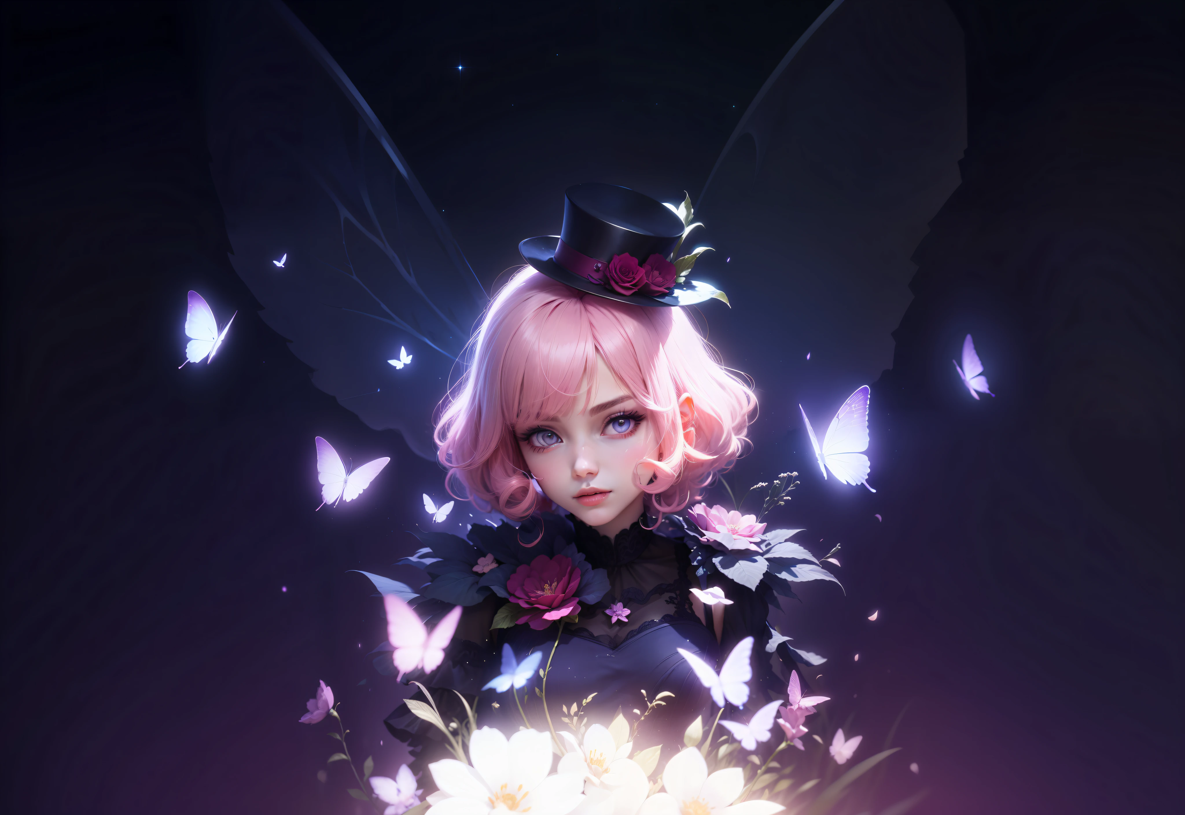High-quality and exquisite depiction, 4K picture quality masterpiece, gorgeous light and shadow creation, diffuse aura and haze, messy hairstyle display, gorgeous scenes are beautiful, exquisite and elegant clothing, pink hair jumps out of dream, charming and detailed pupils, dynamic angle, exciting pink hair, the whole body is meticulous and charming, off-the-shoulder dress beautiful clothes, flowers red decoration, black top hat embellishment, flower decoration charming onyx stone, pink pupils pleasant, fairy-like ears, like transparent four-winged butterwings, The background is blurry with purple moon sky, stars illuminating the night, pink eyes --auto