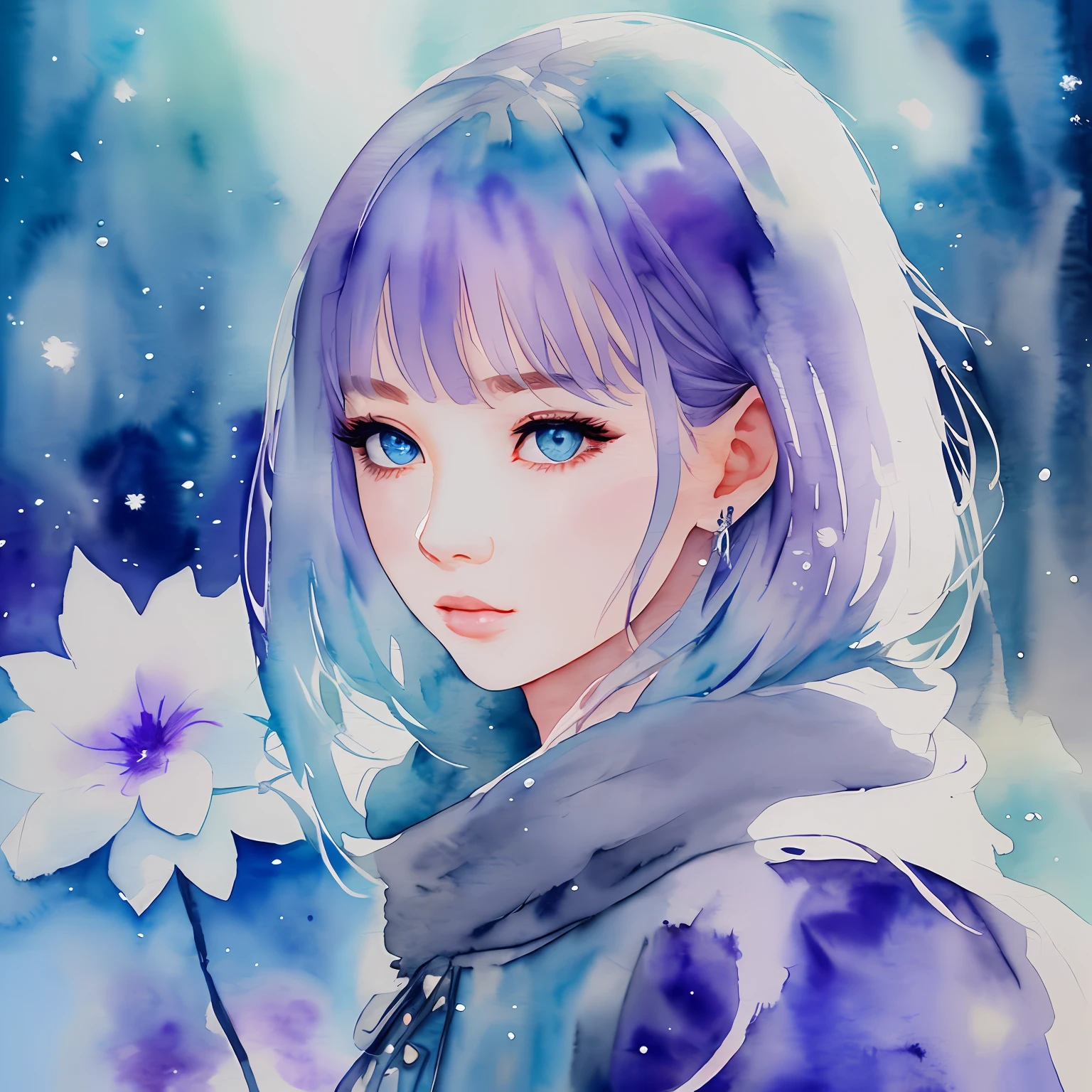(Best Quality), (Masterpiece: 1.2), (Colorful: 0.9), (Ink Splash), (Color Splash), ((Watercolor)), Sharp Focus, (Portrait Summer Goddess: 1.5), Cute Look, Elegant Blue-Violet Haircut, Beautiful and Detailed Face and Eyes, Elegant Winter Clothes, Snowy Forest Background, Colored Water