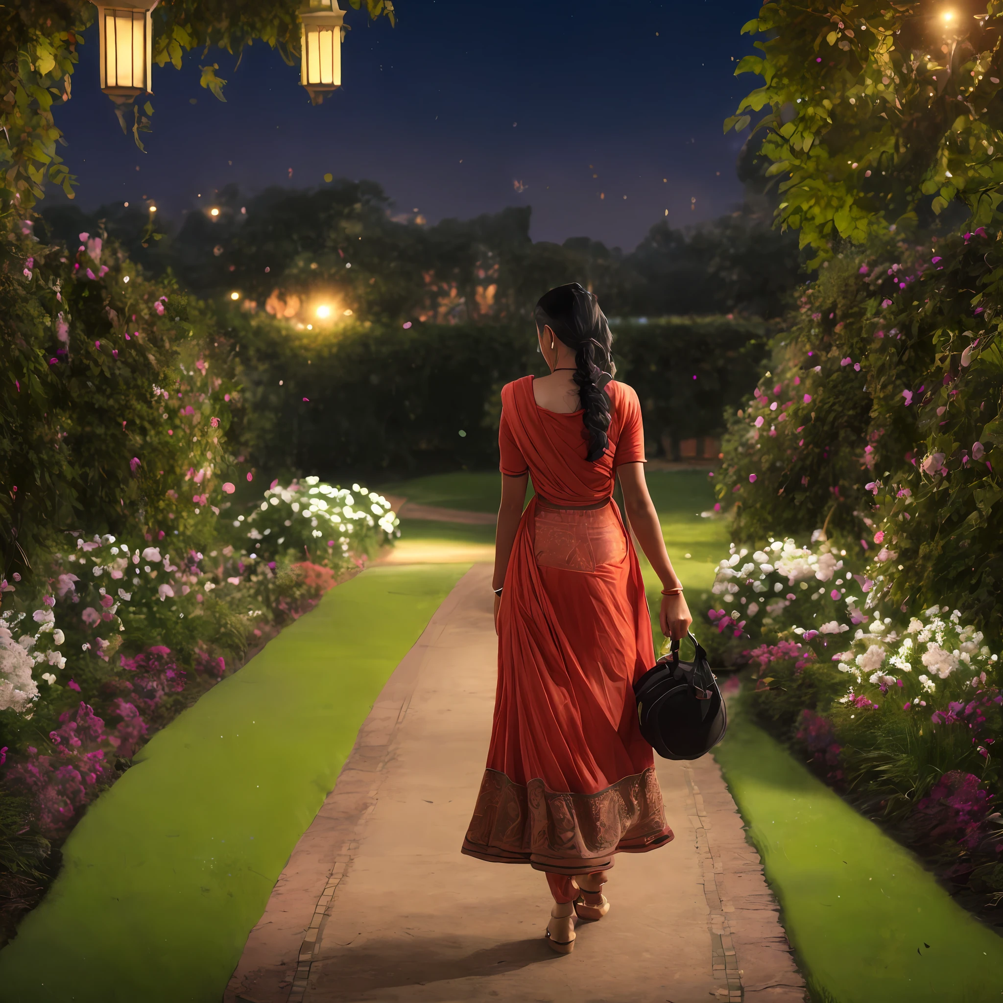 Alone girl walking in garden , Carry a beg write on payal name , pk name , 8k , realistic , evening time in garden