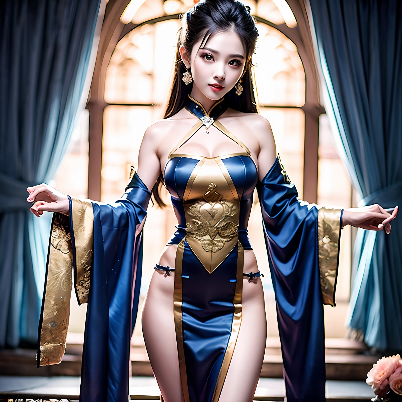 8k, Real, Ultra HD, Japan Woman, 1 Girl, View Viewer, Perfect Skin, Big Tits, Big Tits, Big Tits, Big Tits, Beautiful Face, Full Body, Kyoto Background, Blue and Gold Kimono, Bangs, Bare Feet, --auto